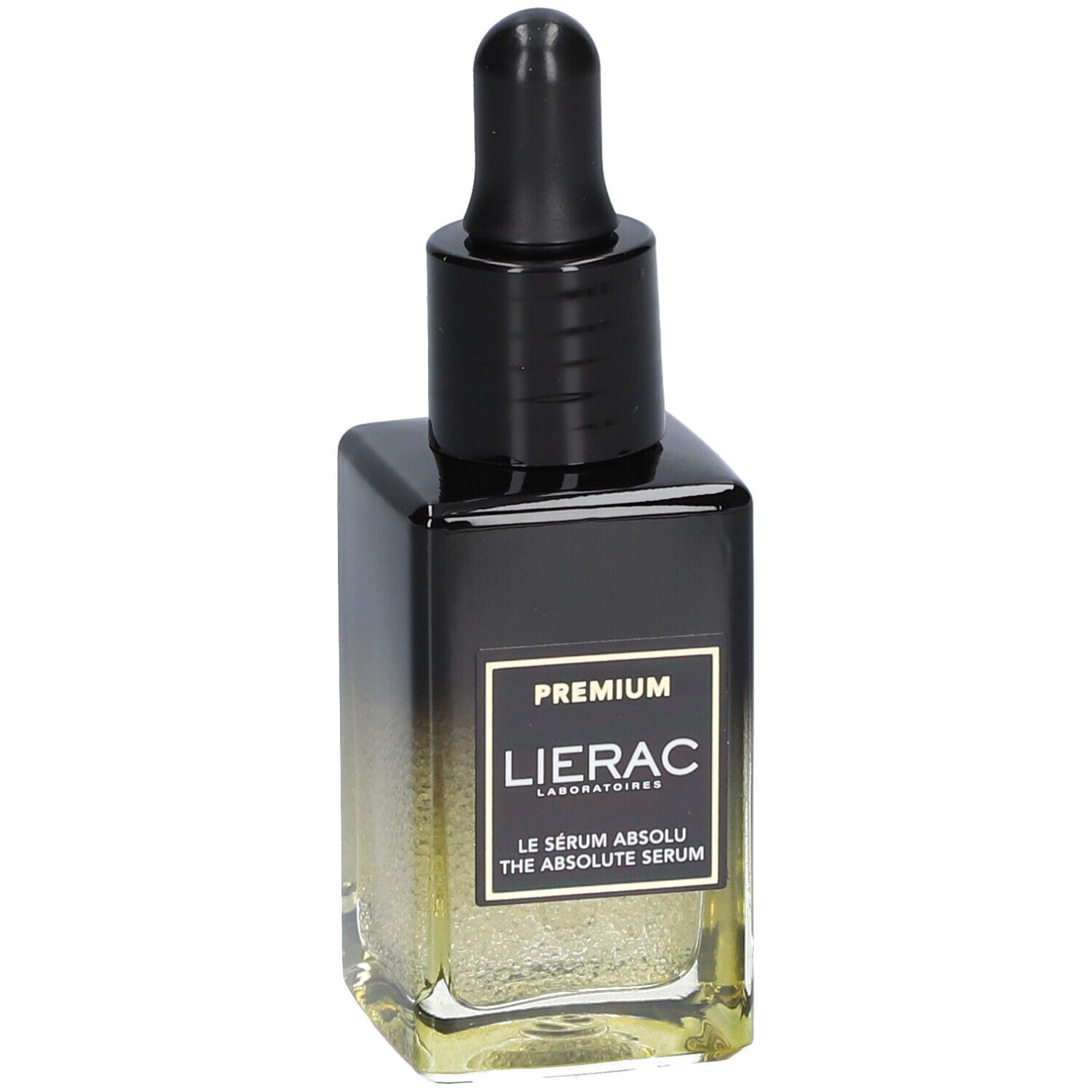 Flacon de sérum avec bouchon et pipette noirs. Inscription : PREMIUM, LIERAC, LE SÉRUM ABSOLU, THE ABSOLUTE SERUM.