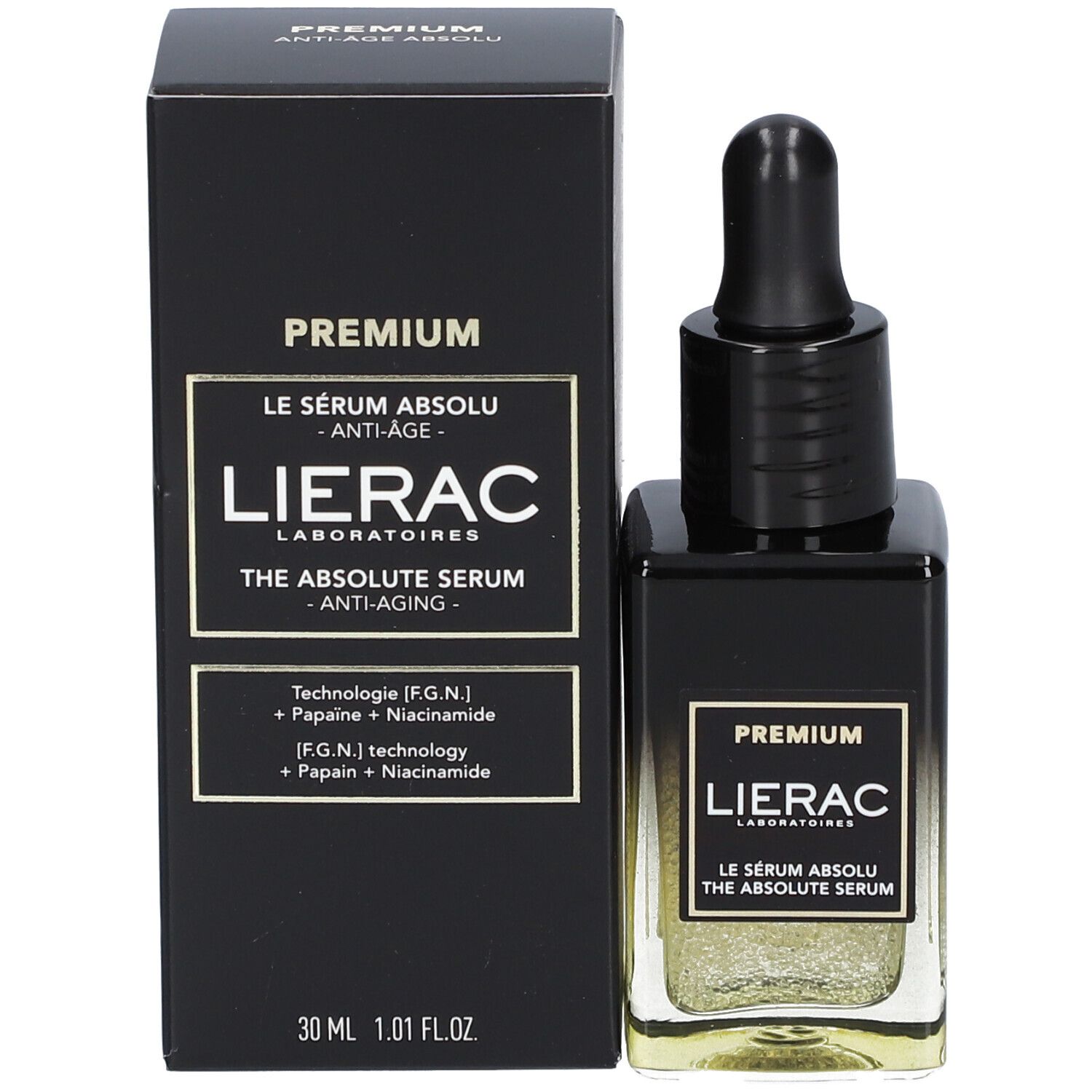Emballage du produit avec flacon de sérum. Inscription : PREMIUM, LIERAC, LE SÉRUM ABSOLU, THE ABSOLUTE SERUM, 30 ml.