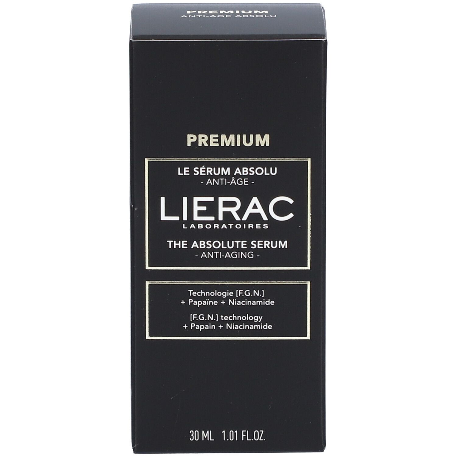 Emballage du produit noir. Inscription : PREMIUM, LIERAC, LE SÉRUM ABSOLU, THE ABSOLUTE SERUM, 30 ml.