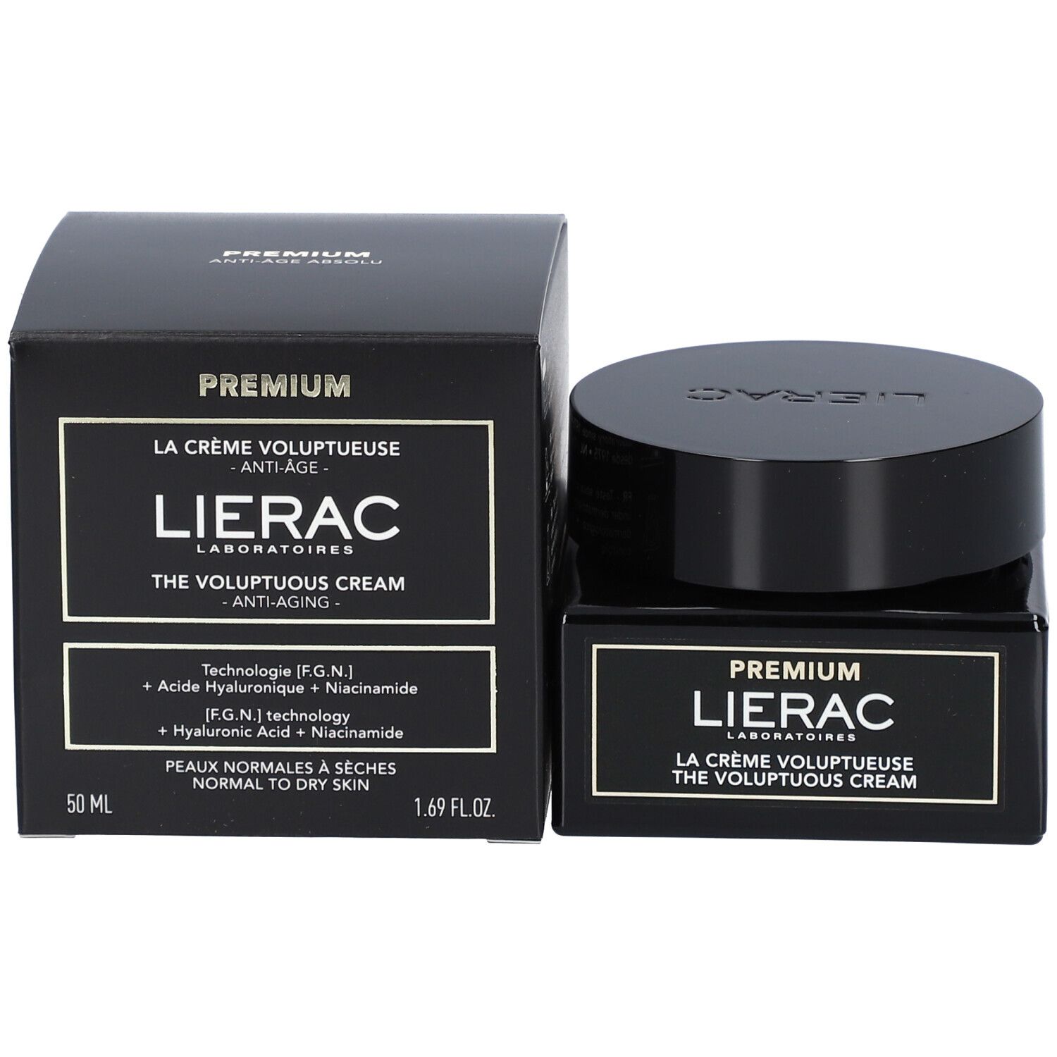 Crème et emballage noirs. Inscription: LIERAC PREMIUM, THE VOLUPTUOUS CREAM, Anti-Âge. 50 ml, 1.69 fl.oz.