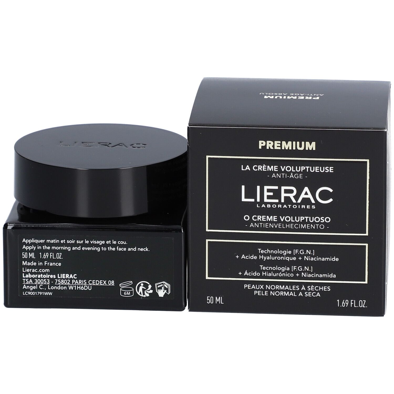 Crème et emballage noirs. Inscription: LIERAC PREMIUM, O CREME VOLUPTUOSO, Anti-Âge. 50 ml, 1.69 fl.oz.