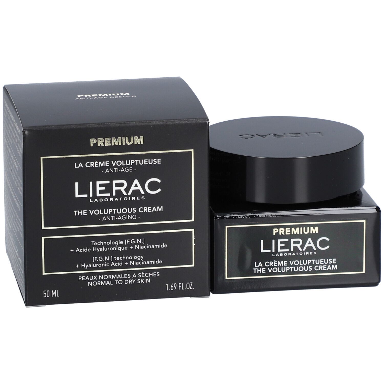 Crème et emballage noirs. Inscription: LIERAC PREMIUM, THE VOLUPTUOUS CREAM, Anti-Âge. 50 ml, 1.69 fl.oz.