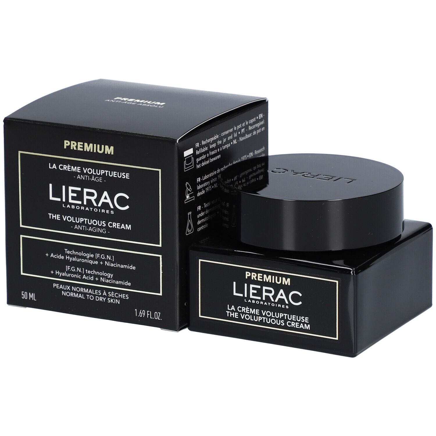 Crème et emballage noirs. Inscription: LIERAC PREMIUM, THE VOLUPTUOUS CREAM, Anti-Âge. 50 ml, 1.69 fl.oz.