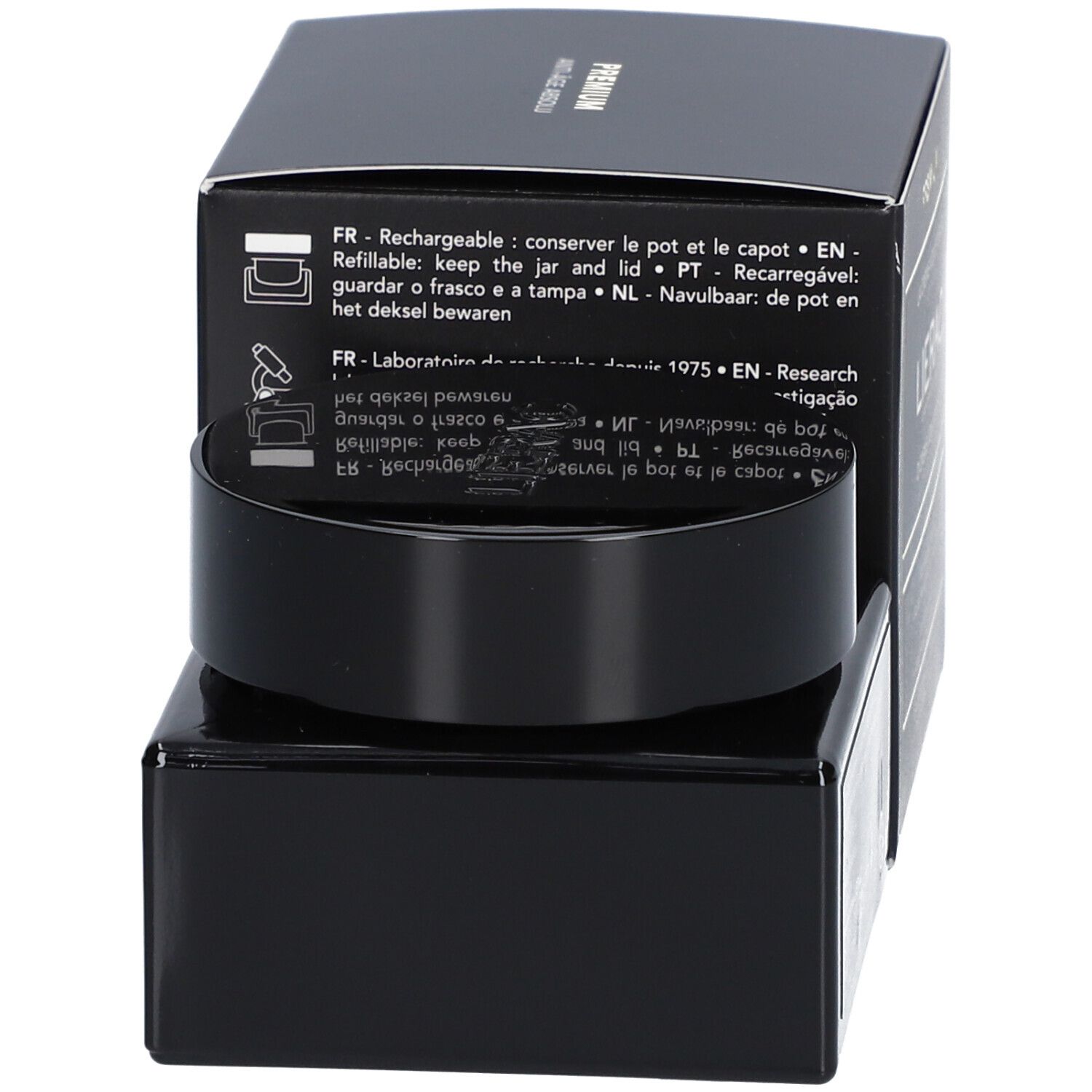 Crème et emballage noirs. Inscription: LIERAC PREMIUM. Instructions pour recharger le produit.