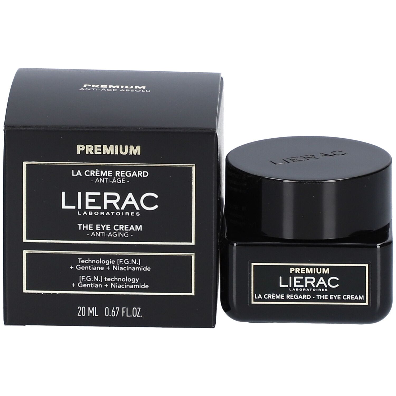 Boîte et pot de crème noirs. Sur l'emballage, on lit "LIERAC THE EYE CREAM".