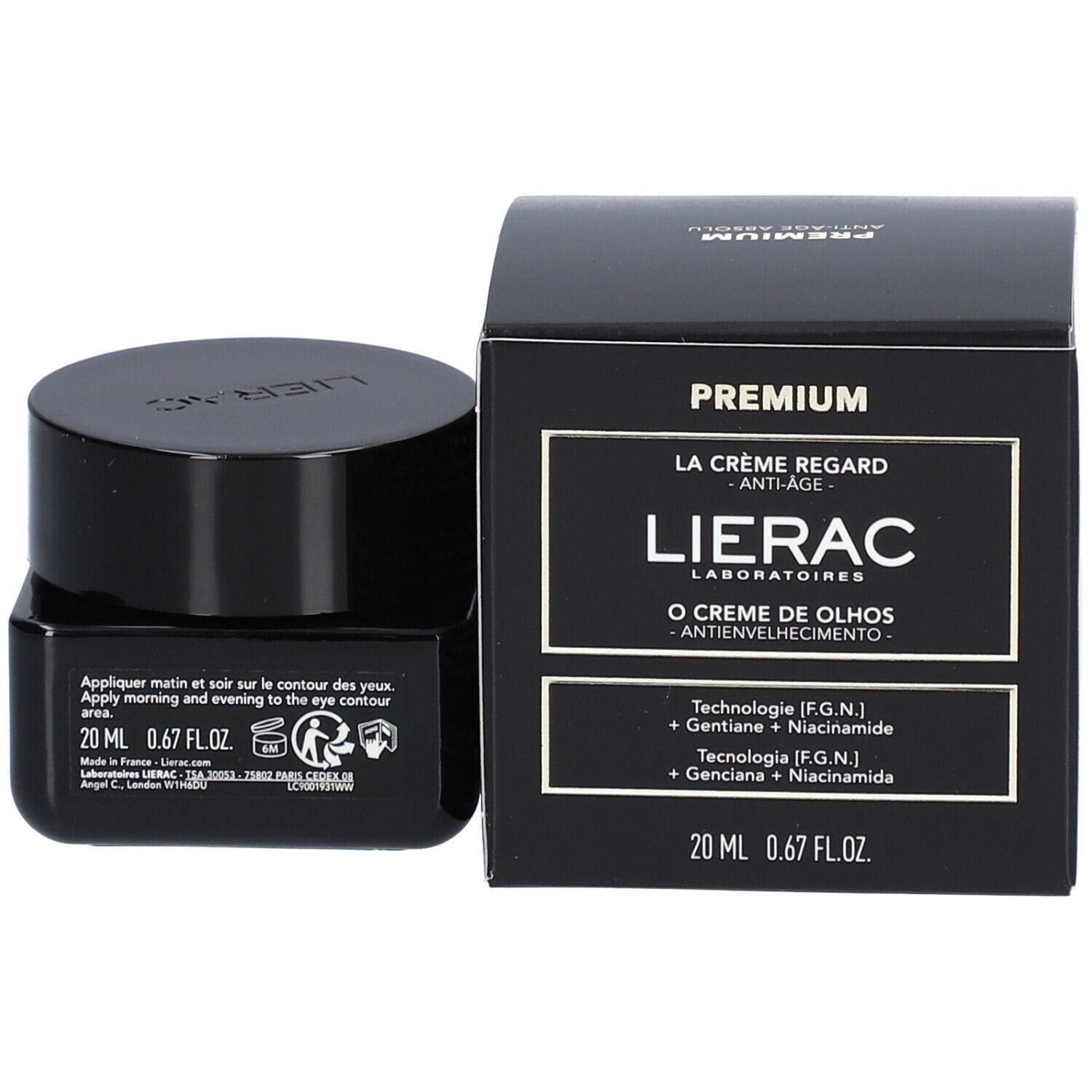 Boîte et pot de crème noirs. Sur l'emballage, on lit "LIERAC THE EYE CREAM".