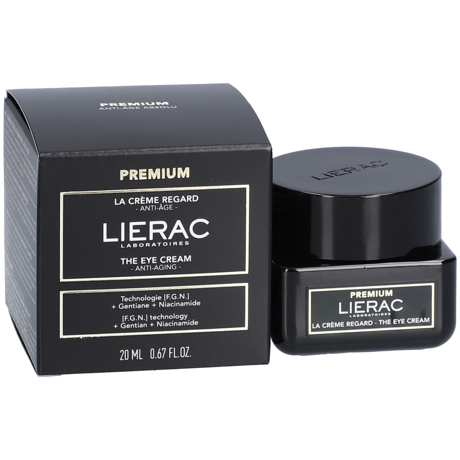 Boîte et pot de crème noirs. Sur l'emballage, on lit "LIERAC THE EYE CREAM".
