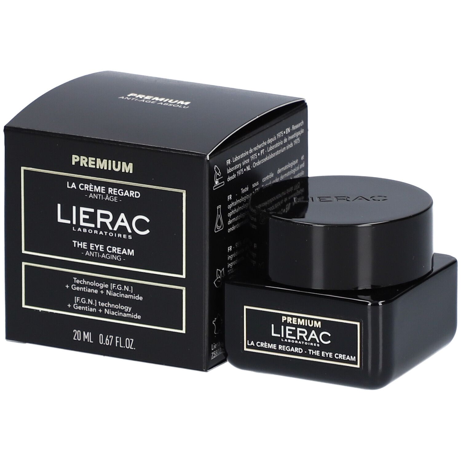 Boîte et pot de crème noirs. Sur l'emballage, on lit "LIERAC THE EYE CREAM".