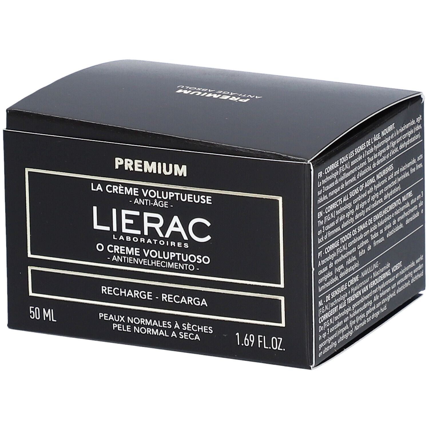 Boîte noire avec informations produit. Inscription: Lierac Laboratoires, Premium, Crème Voluptueuse, Anti-Âge, Recharge. 50 ml, 1.69 fl.oz.