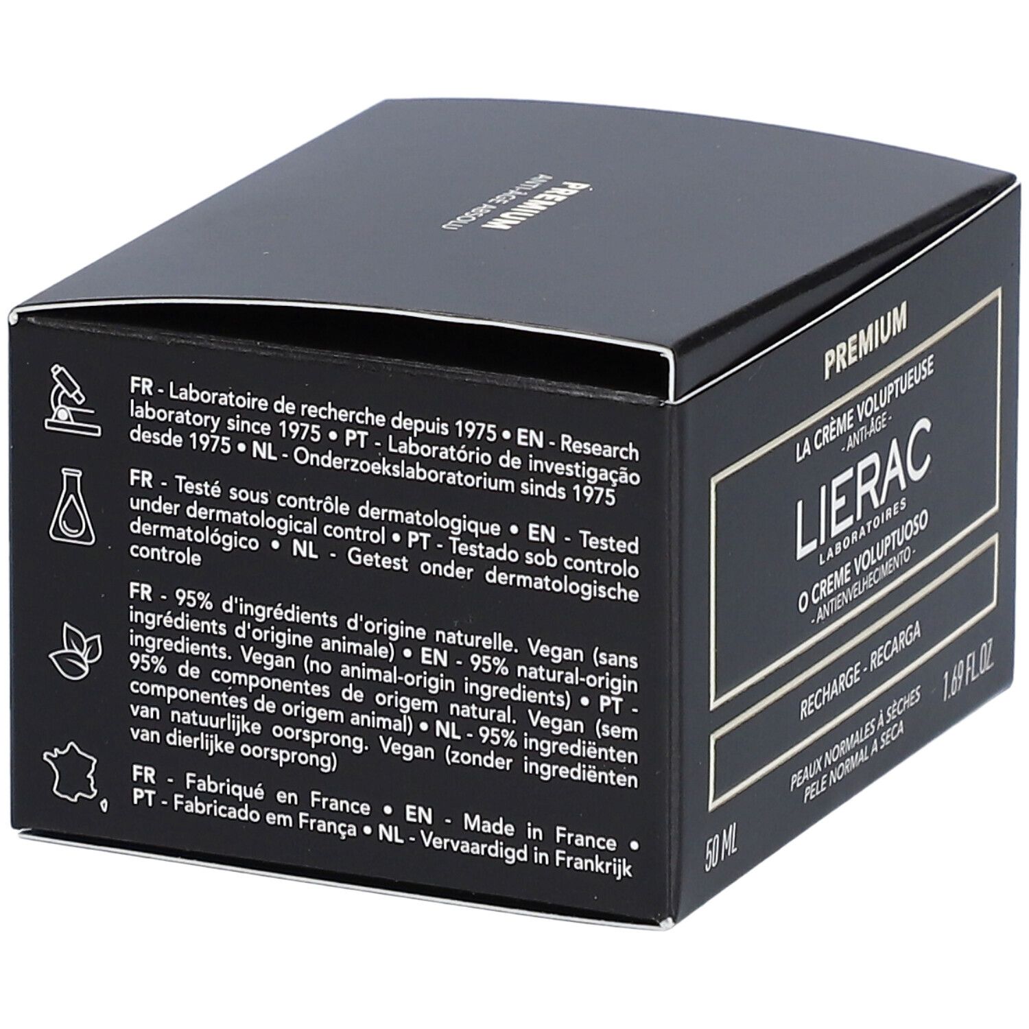 Boîte noire avec informations produit. Inscription: Lierac Laboratoires, Premium, Crème Voluptueuse, Anti-Âge, Recharge. 50 ml, 1.69 fl.oz. Vegan.