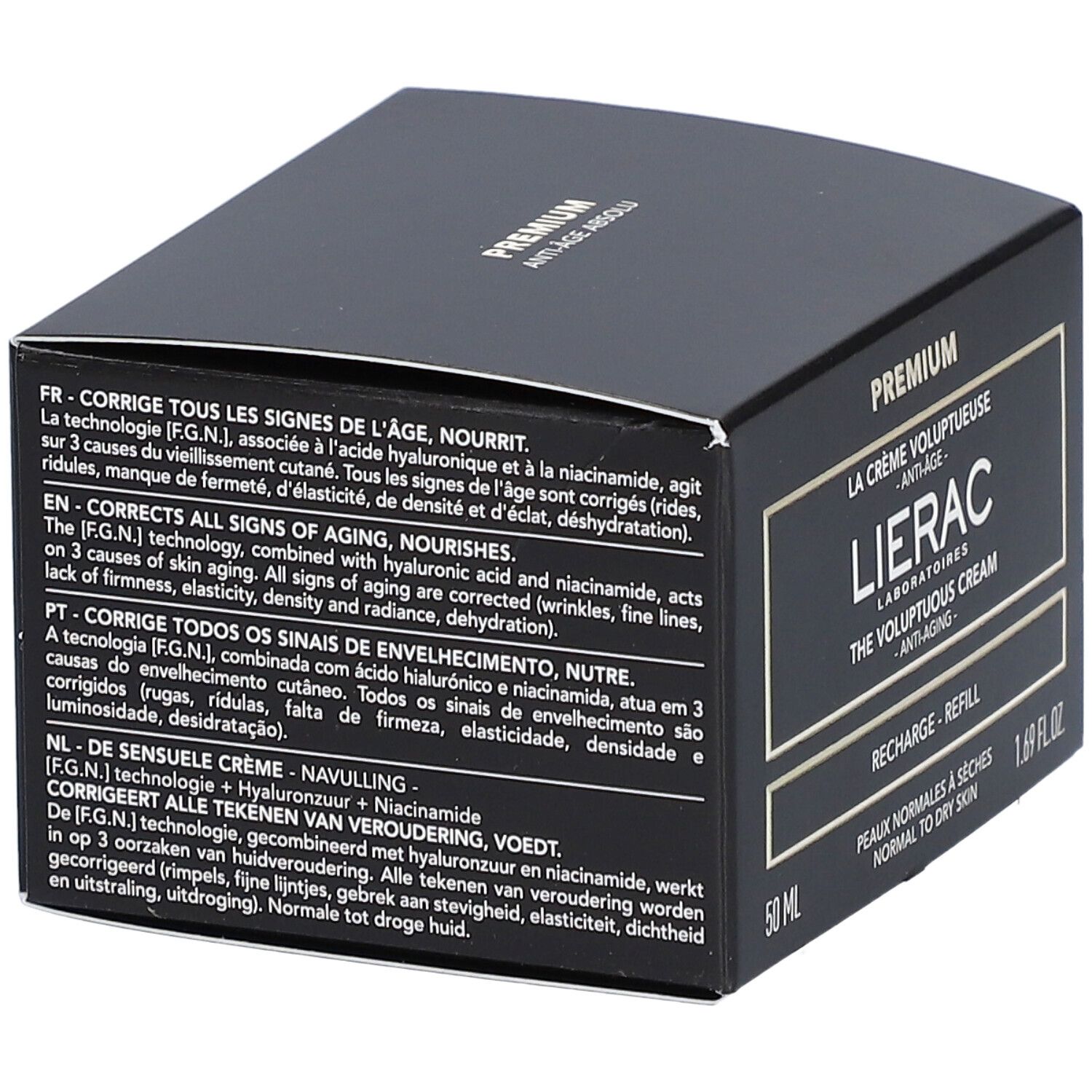 Boîte noire avec informations produit. Inscription: Lierac Laboratoires, Premium, The Voluptuous Cream, Anti-Âge, Recharge - Refill. 50 ml, 1.69 fl.oz.