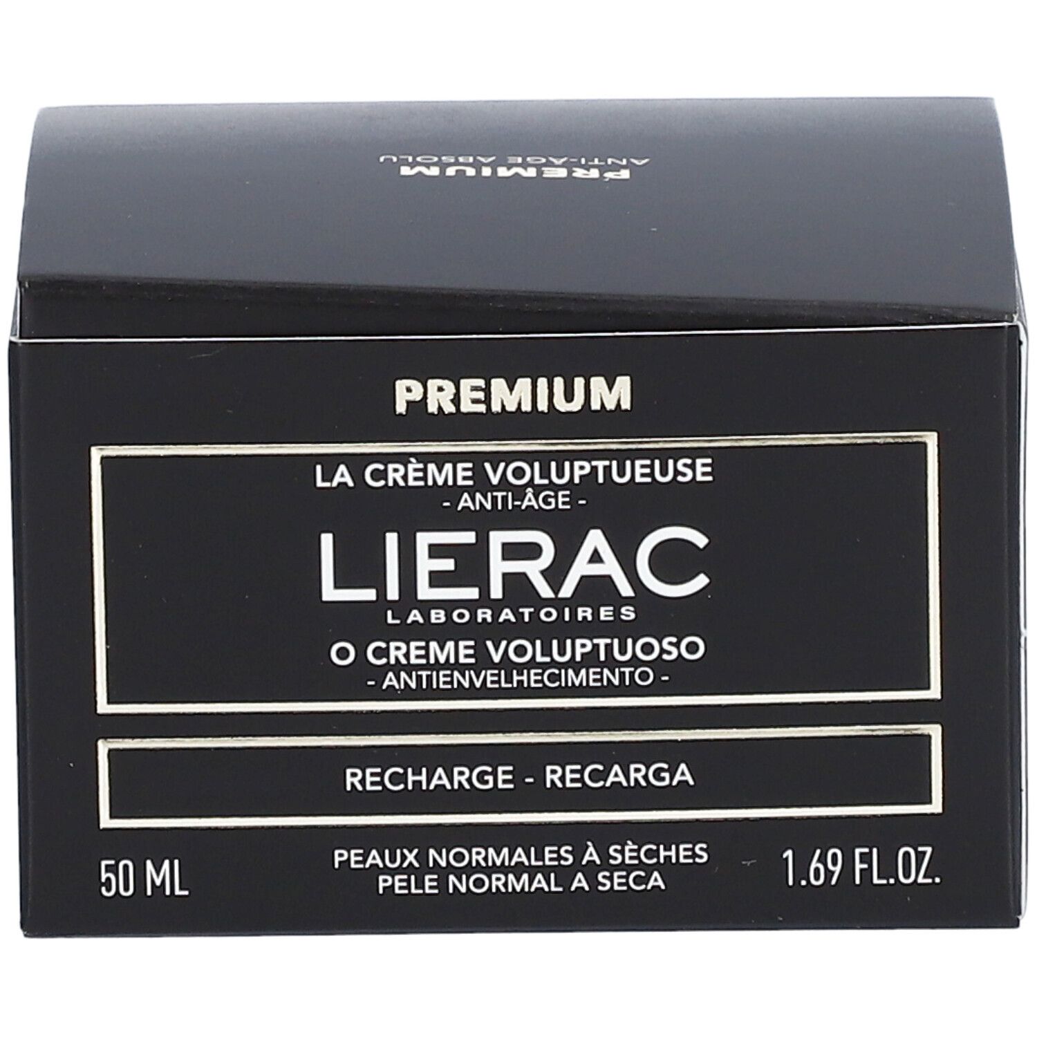 Boîte noire avec informations produit. Inscription: Lierac Laboratoires, Premium, Crème Voluptueuse, Anti-Âge, Recharge. 50 ml, 1.69 fl.oz.