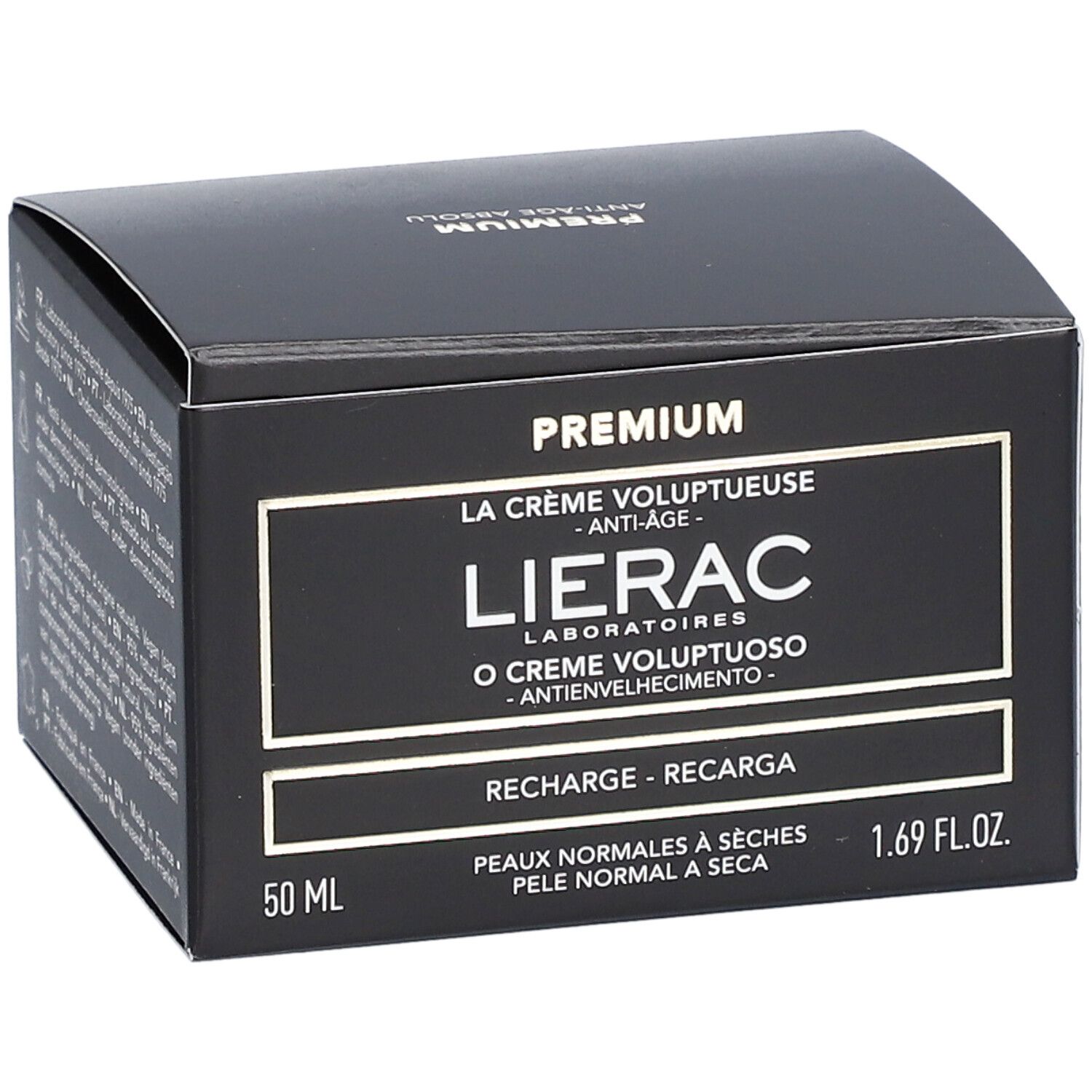 Boîte noire avec informations produit. Inscription: Lierac Laboratoires, Premium, Crème Voluptueuse, Anti-Âge, Recharge. 50 ml, 1.69 fl.oz.