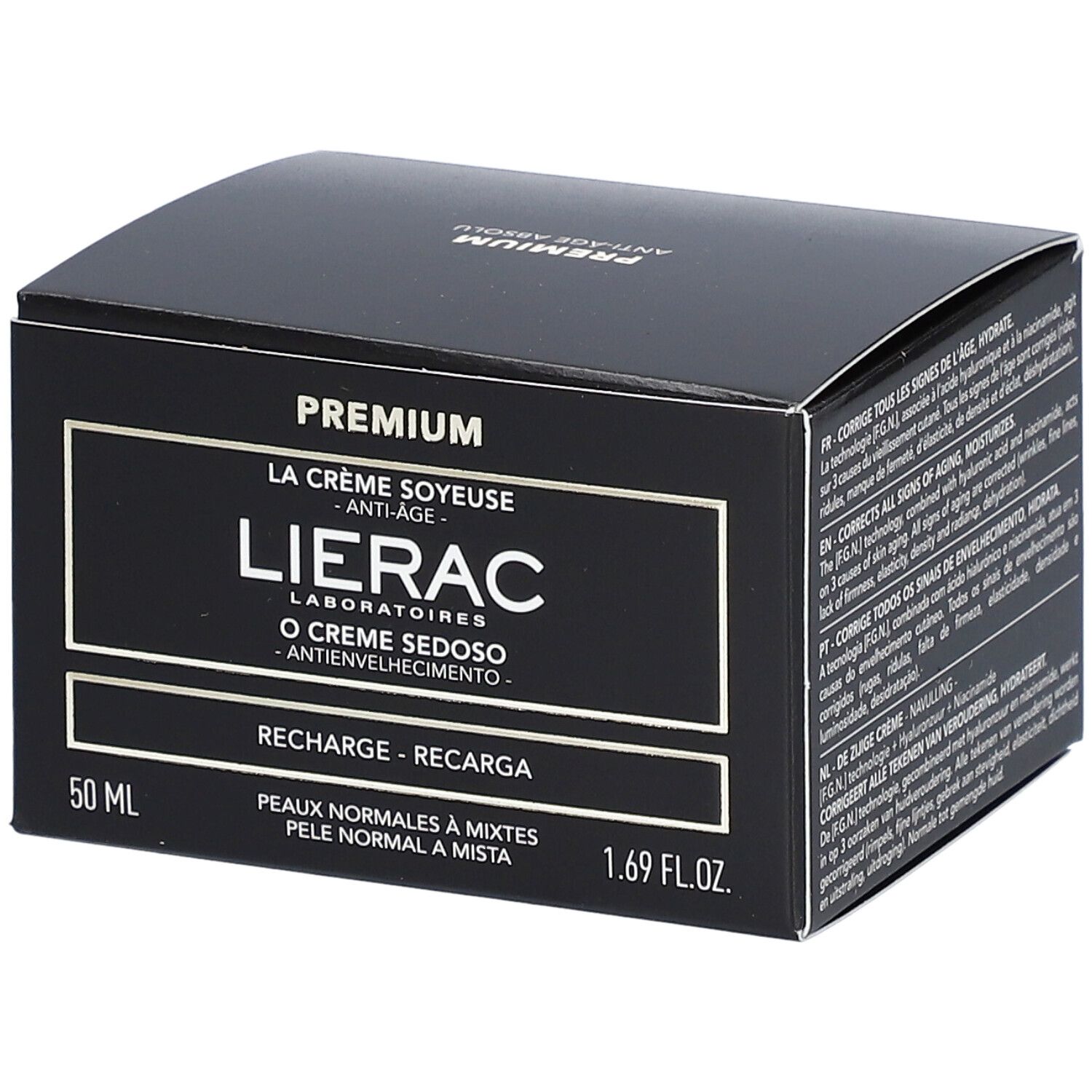 Boîte noire avec informations produit. Inscription : Lierac, Premium, La Crème Soyeuse, Anti-Âge, 50 ml, peaux normales à mixtes.