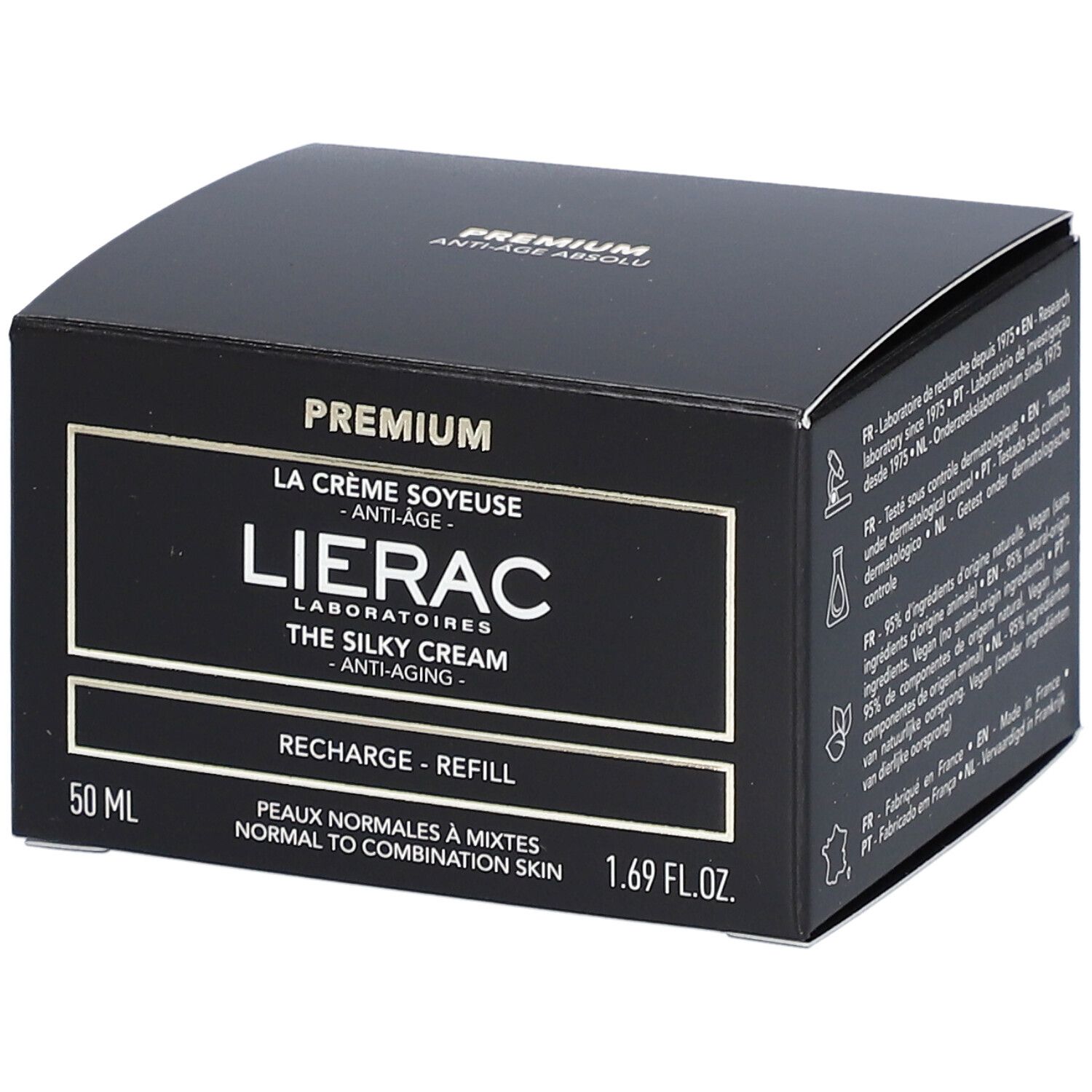 Boîte noire avec informations produit. Inscription : Lierac, The Silky Cream, Anti-Âge, peaux normales à mixtes, 50 ml.