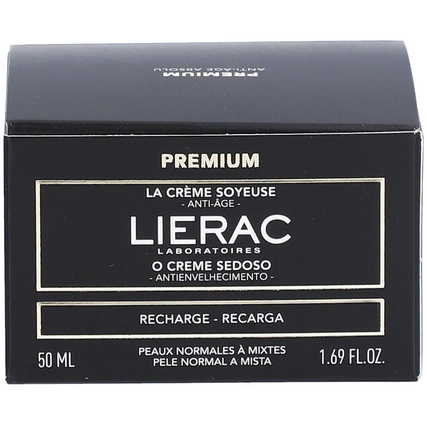 Boîte noire avec informations produit. Inscription : Lierac, Premium, La Crème Soyeuse, Anti-Âge, 50 ml, peaux normales à mixtes.