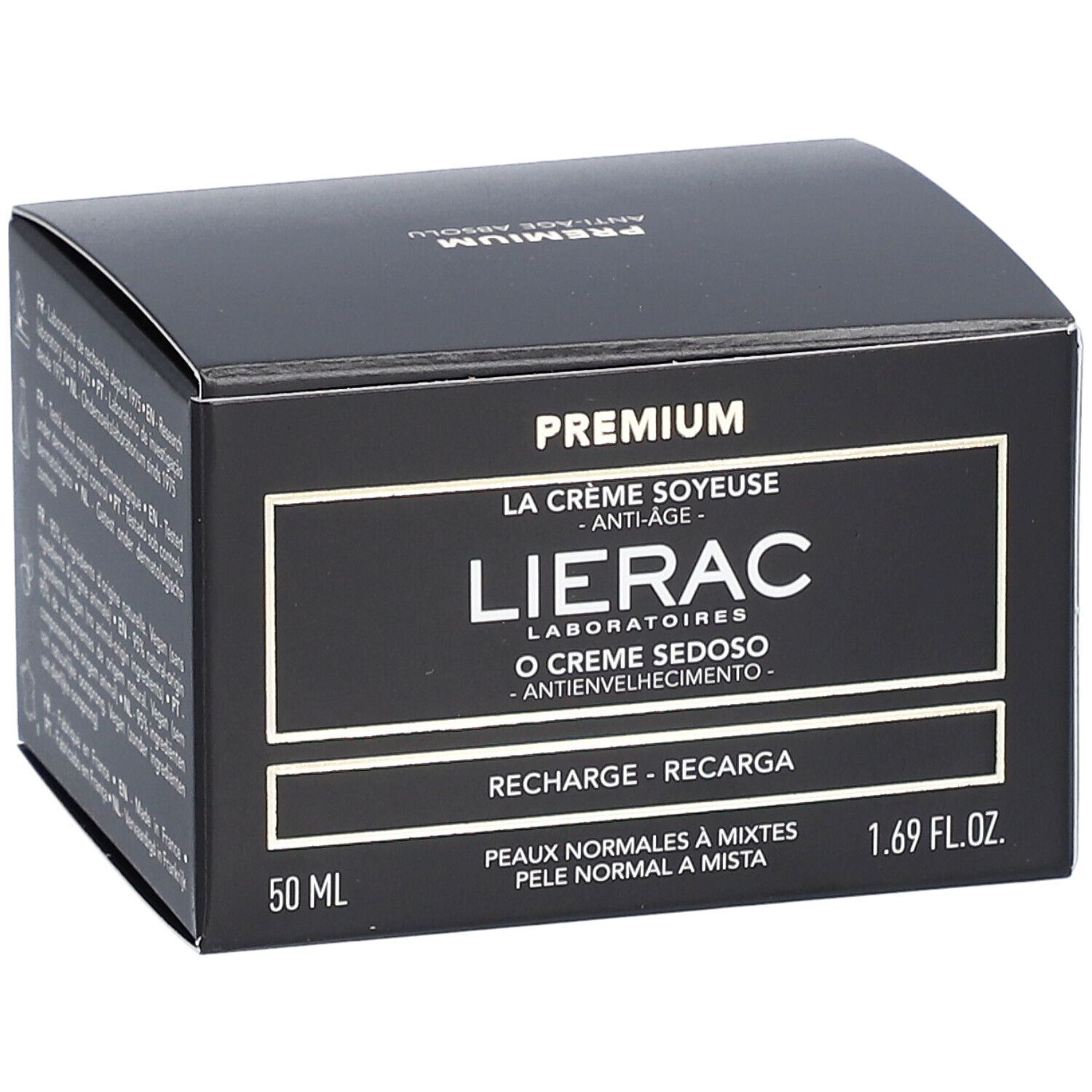 Boîte noire avec informations produit. Inscription : Lierac, Premium, La Crème Soyeuse, Anti-Âge, 50 ml, peaux normales à mixtes.