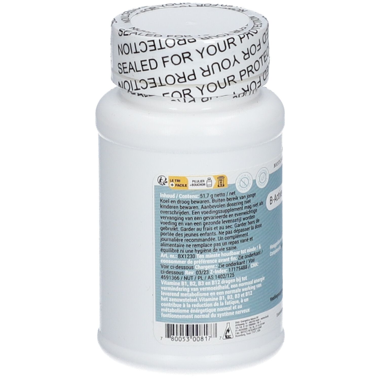 Dos du flacon blanc. Inscription : B-Active Complex, 51,7 g net, Voedingssupplement.