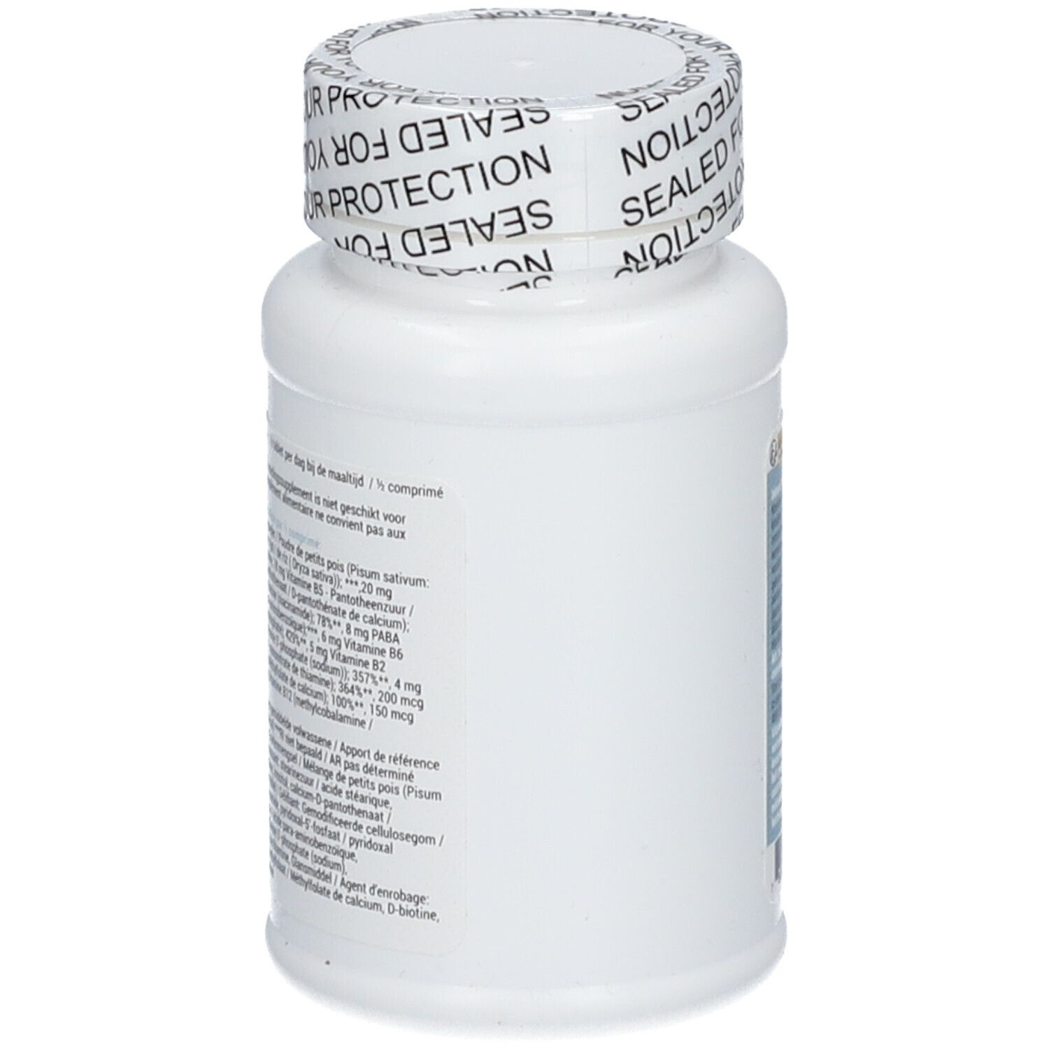 Dos du flacon blanc. Inscription : B-Active Complex, liste des ingrédients, Voedingssupplement.
