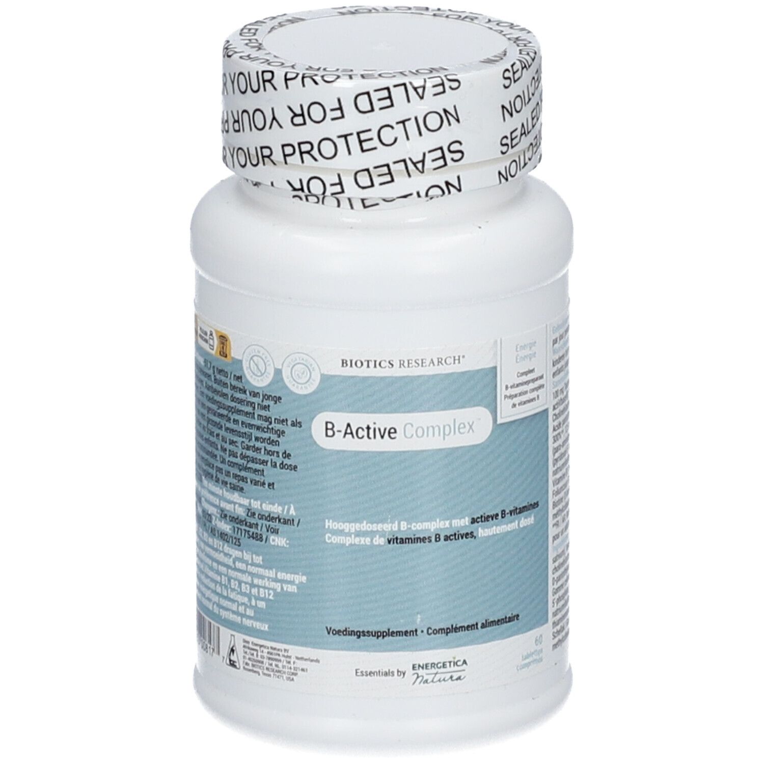 Flacon blanc BIOTICS RESEARCH® B-Active Complex™. Inscription : B-Active Complex, Voedingssupplement.