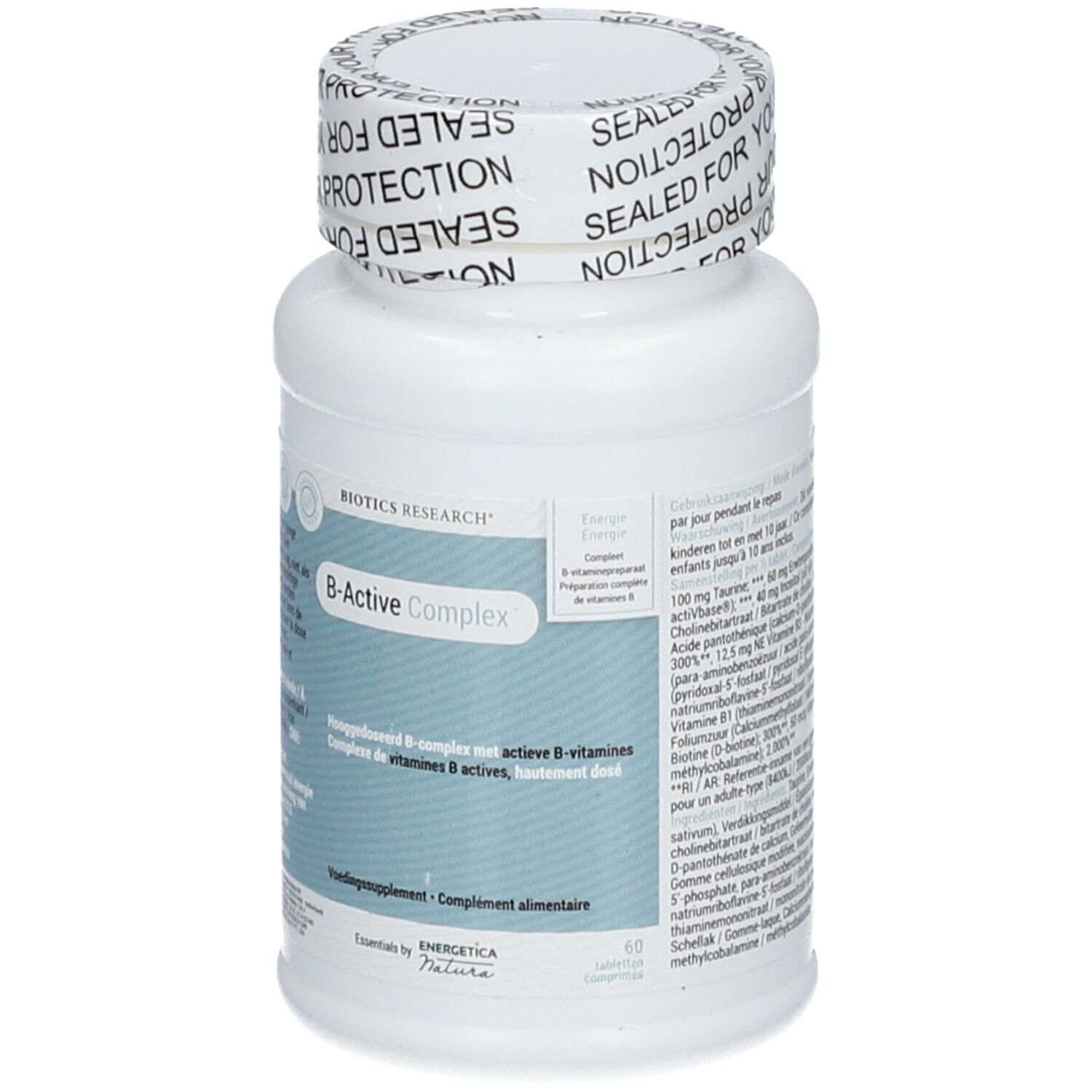 Flacon blanc BIOTICS RESEARCH® B-Active Complex™. Inscription : B-Active Complex, Voedingssupplement.