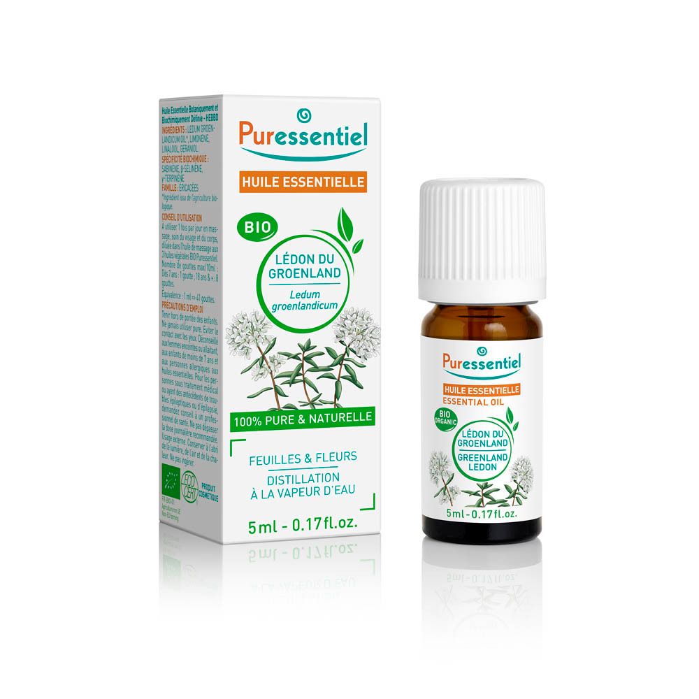 Puressentiel Bio ätherisches Öl Ledon du Groenland, 5ml Flasche und Karton.