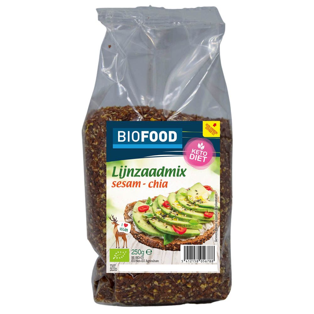 Sachet transparent de mélange de graines de lin. Étiquette avec nom du produit, marque Biofood, logo Keto Diet et image d'un toast à l'avocat.
