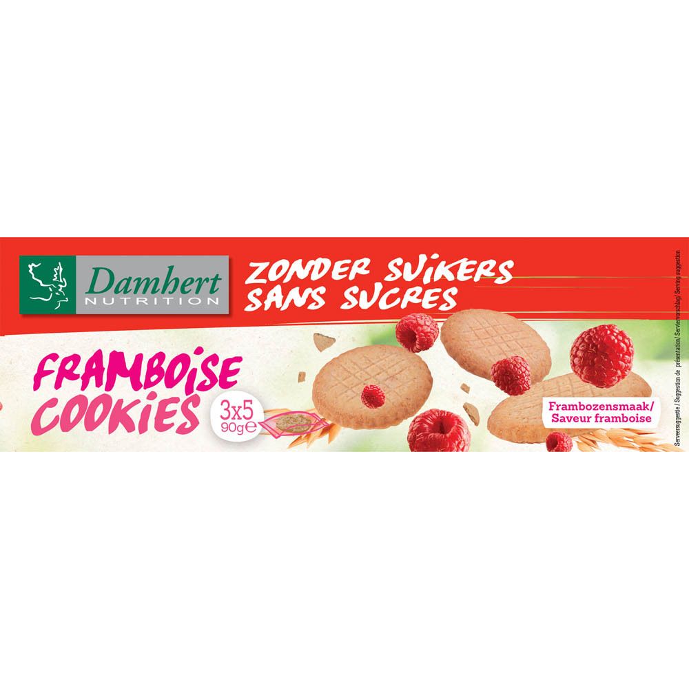 Verpackung Damhert Himbeere Cookies ohne Zucker. Rote und weiße Schachtel mit Keksen und Himbeeren.