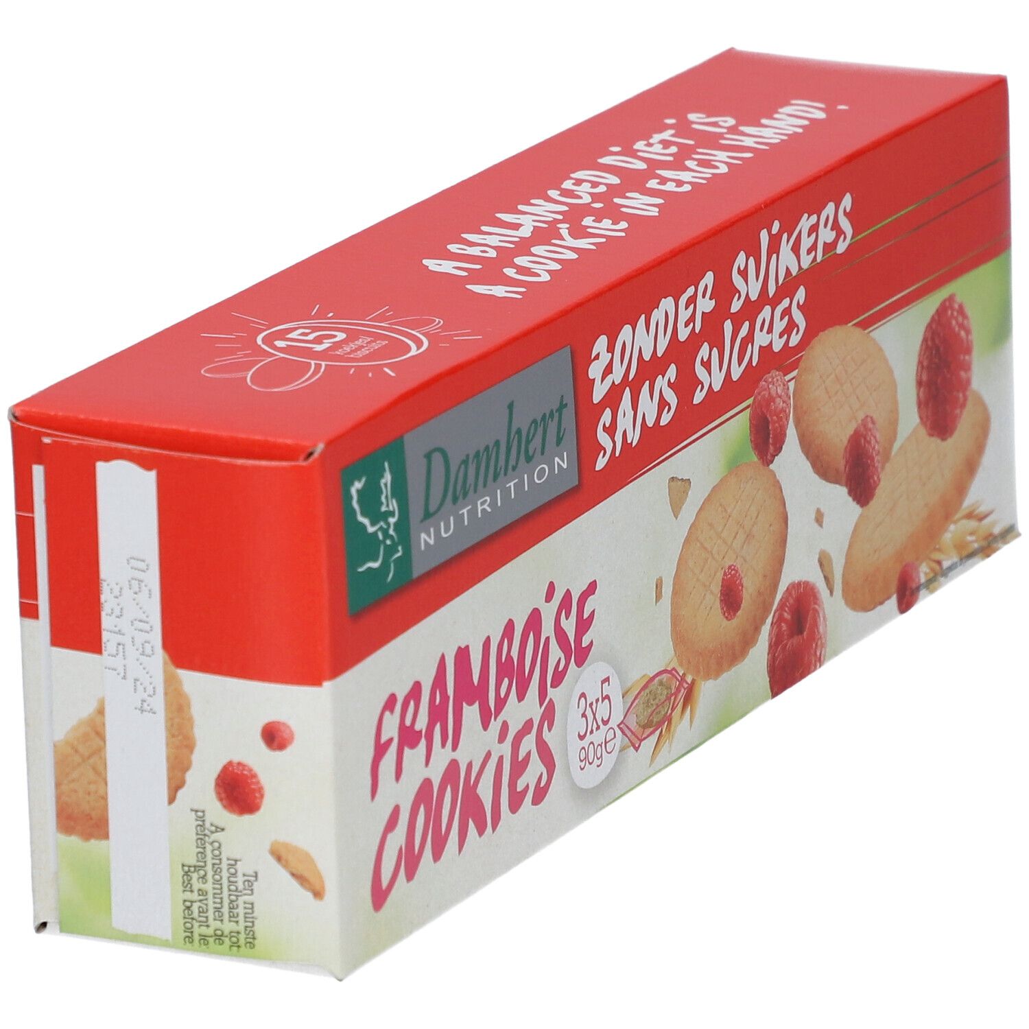 Schachtel Damhert Himbeere Cookies ohne Zucker. Rote und weiße Schachtel, schräg. Kekse und Himbeeren abgebildet.