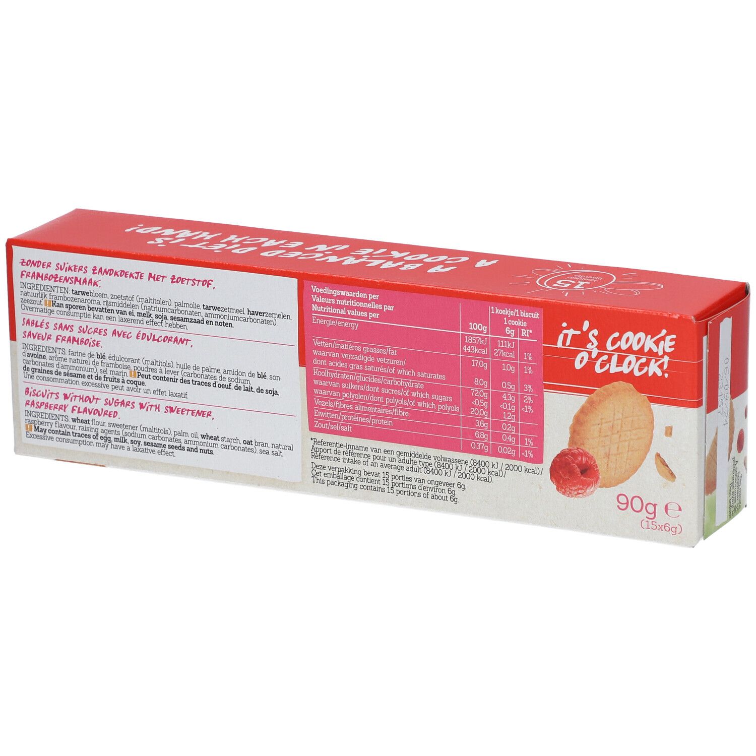 Rückseite der Damhert Himbeere Cookies ohne Zucker Verpackung. Nährwertangaben und Zutatenliste.