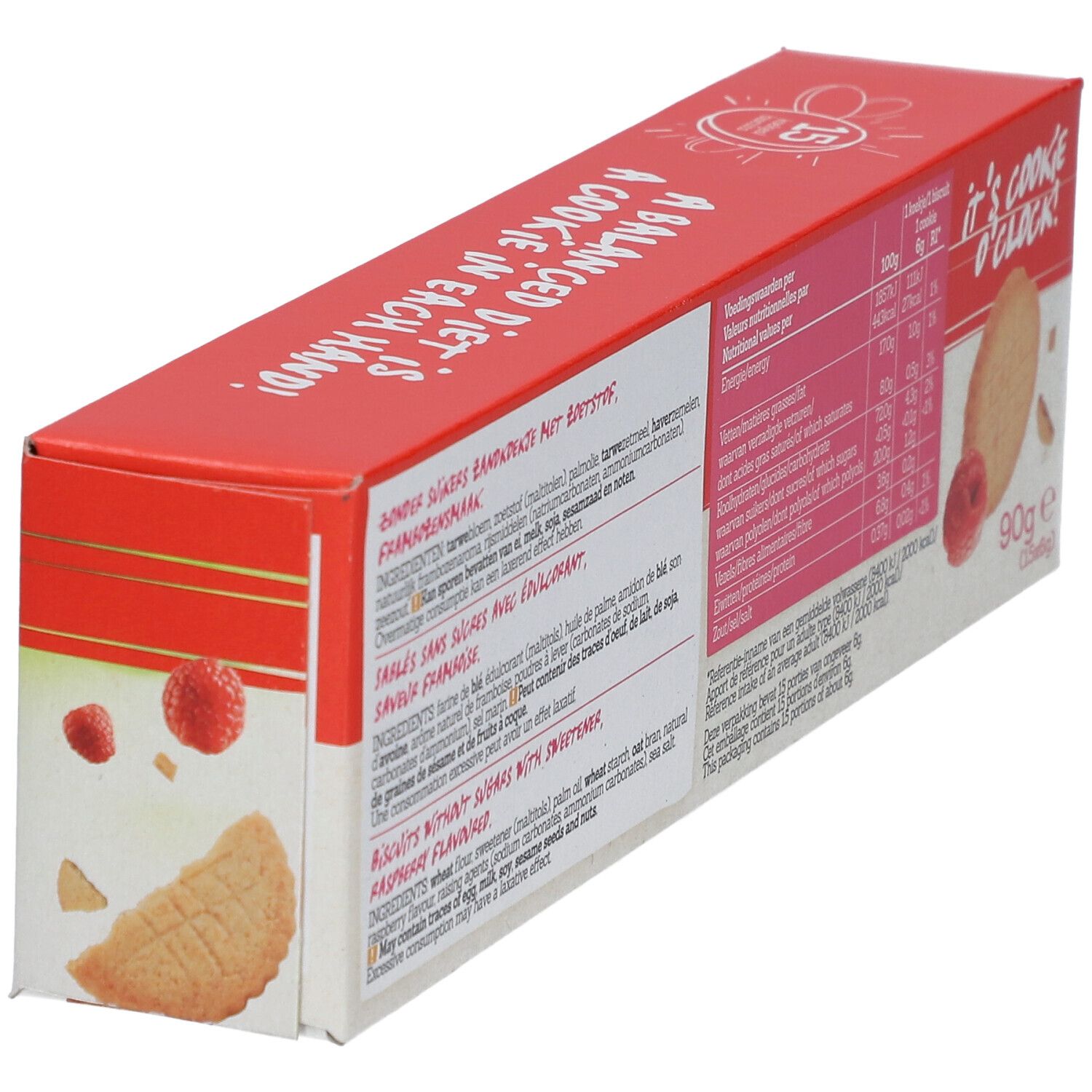 Rückseite der Damhert Himbeere Cookies ohne Zucker Verpackung. Nährwertangaben und Zutatenliste, schräg.