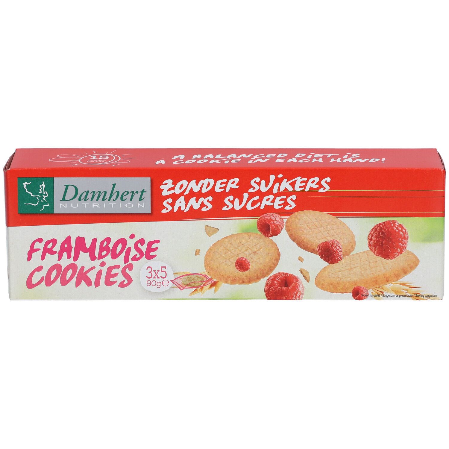 Verpackung Damhert Himbeere Cookies ohne Zucker. Rote und weiße Schachtel mit Keksen und Himbeeren.