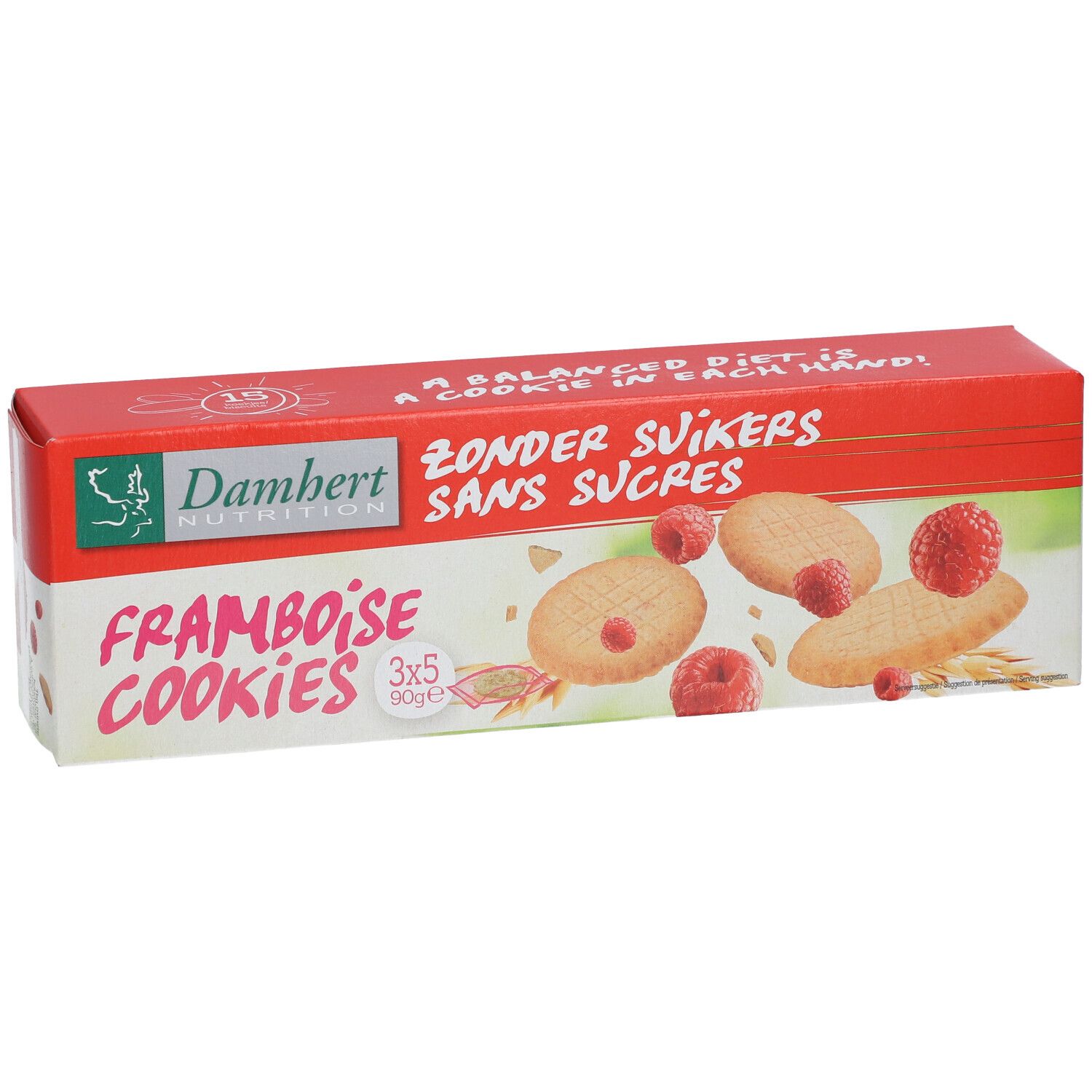 Verpackung Damhert Himbeere Cookies ohne Zucker. Rote und weiße Schachtel mit Keksen und Himbeeren.