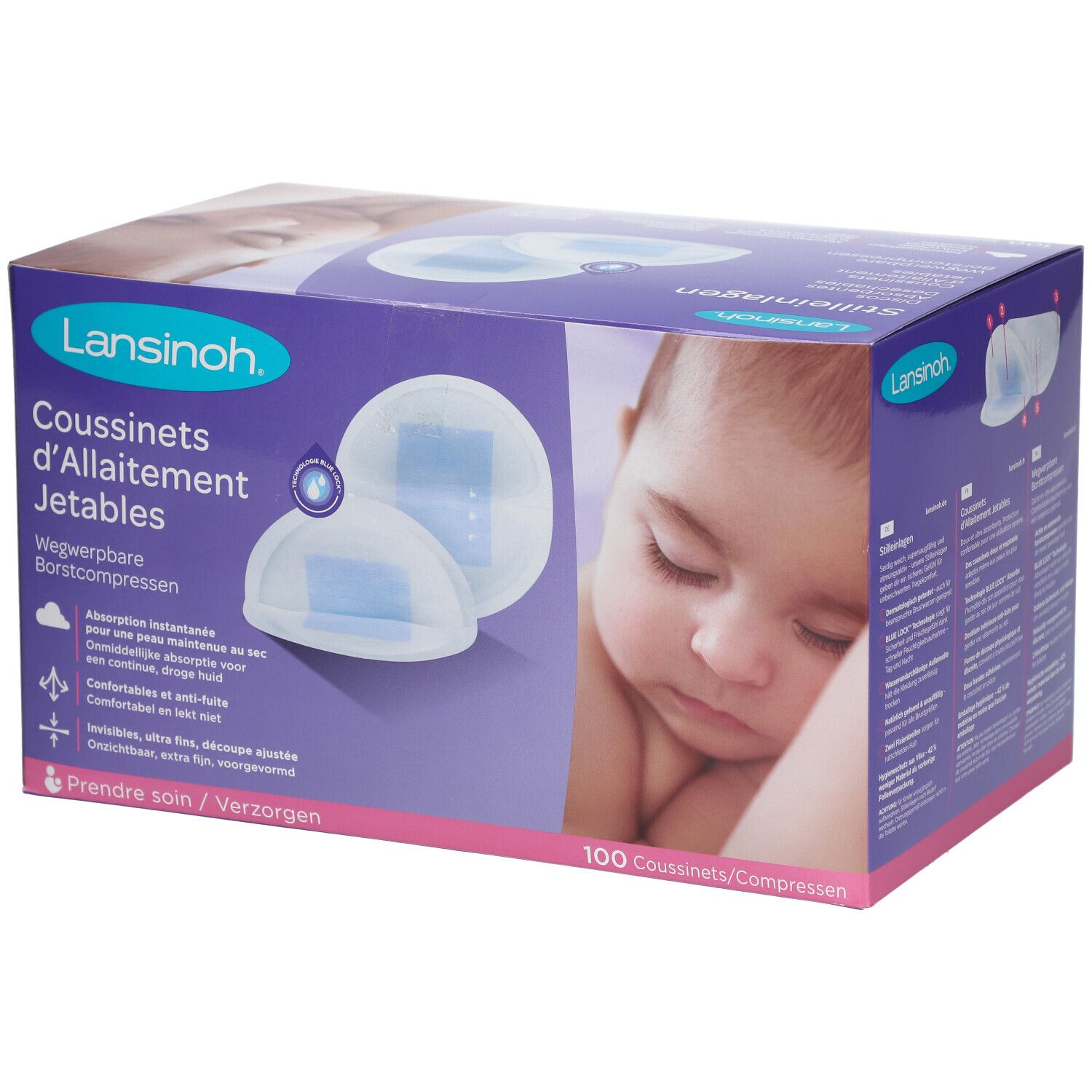 Verpackung mit LANSINOH® Einweg-Stilleinlagen. Auf der Verpackung sind zwei Stilleinlagen abgebildet, sowie ein Baby. 100 Stück.