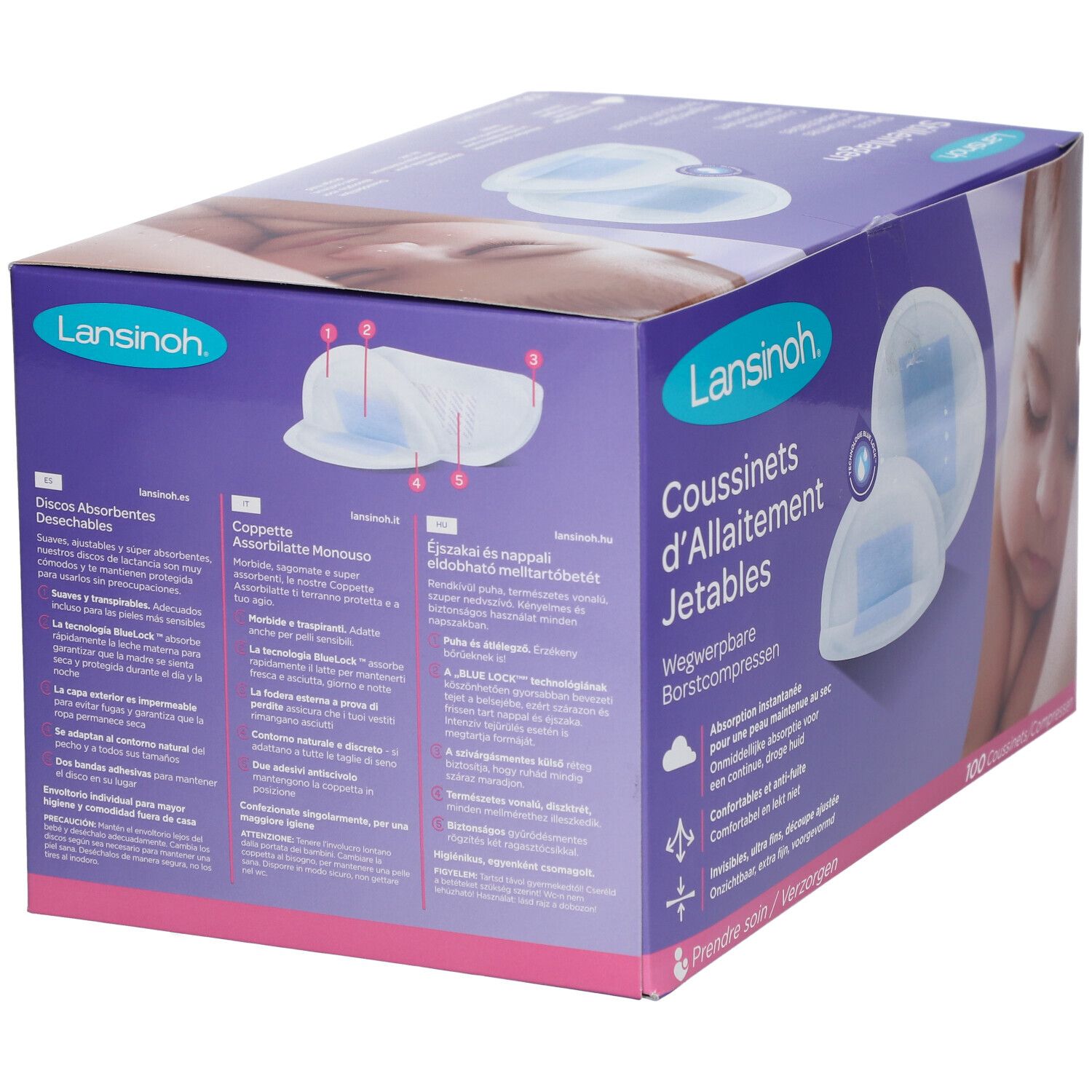 Rückseite der Verpackung mit LANSINOH® Einweg-Stilleinlagen. Produktmerkmale in verschiedenen Sprachen. Abgebildet sind zwei Stilleinlagen.