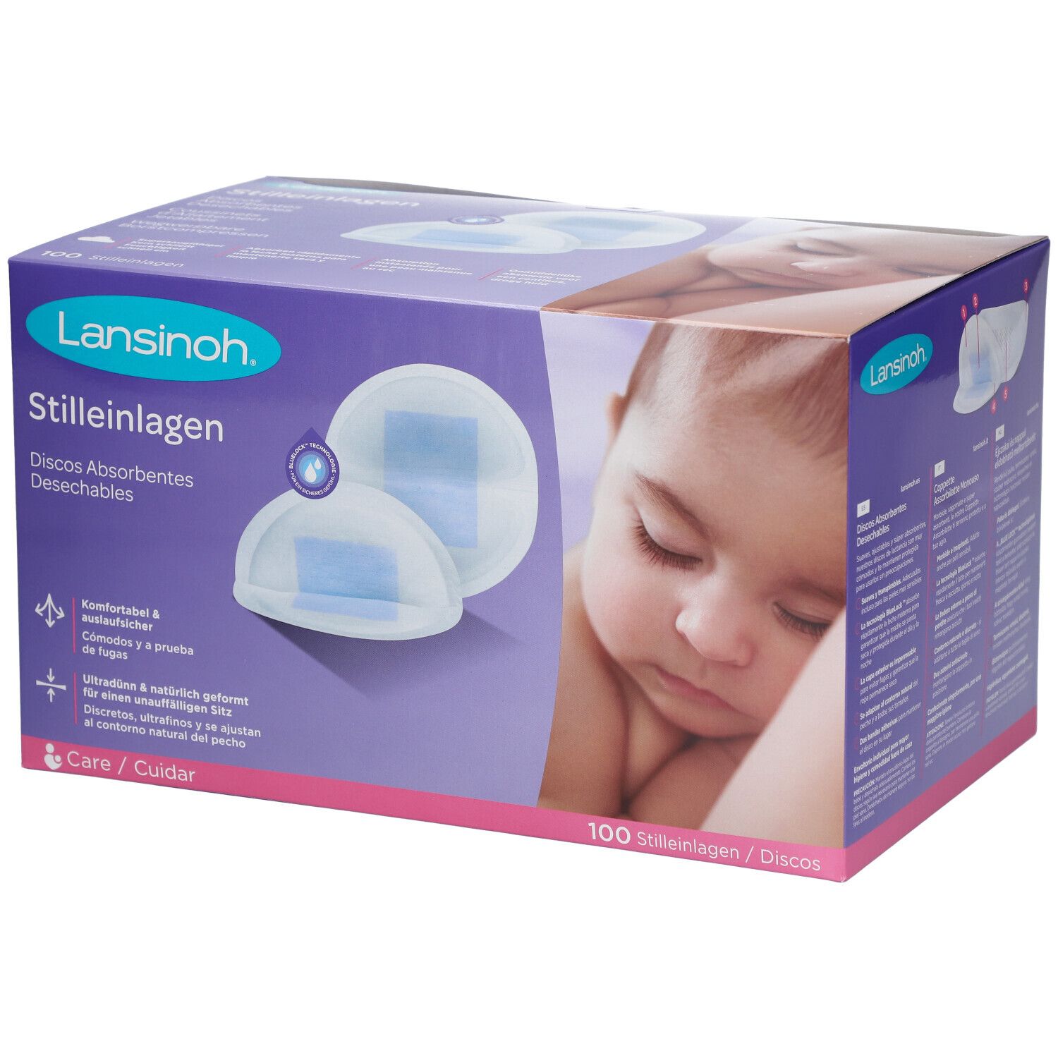 Verpackung mit LANSINOH® Stilleinlagen. Auf der Verpackung sind zwei Stilleinlagen abgebildet, sowie ein Baby. 100 Stück.