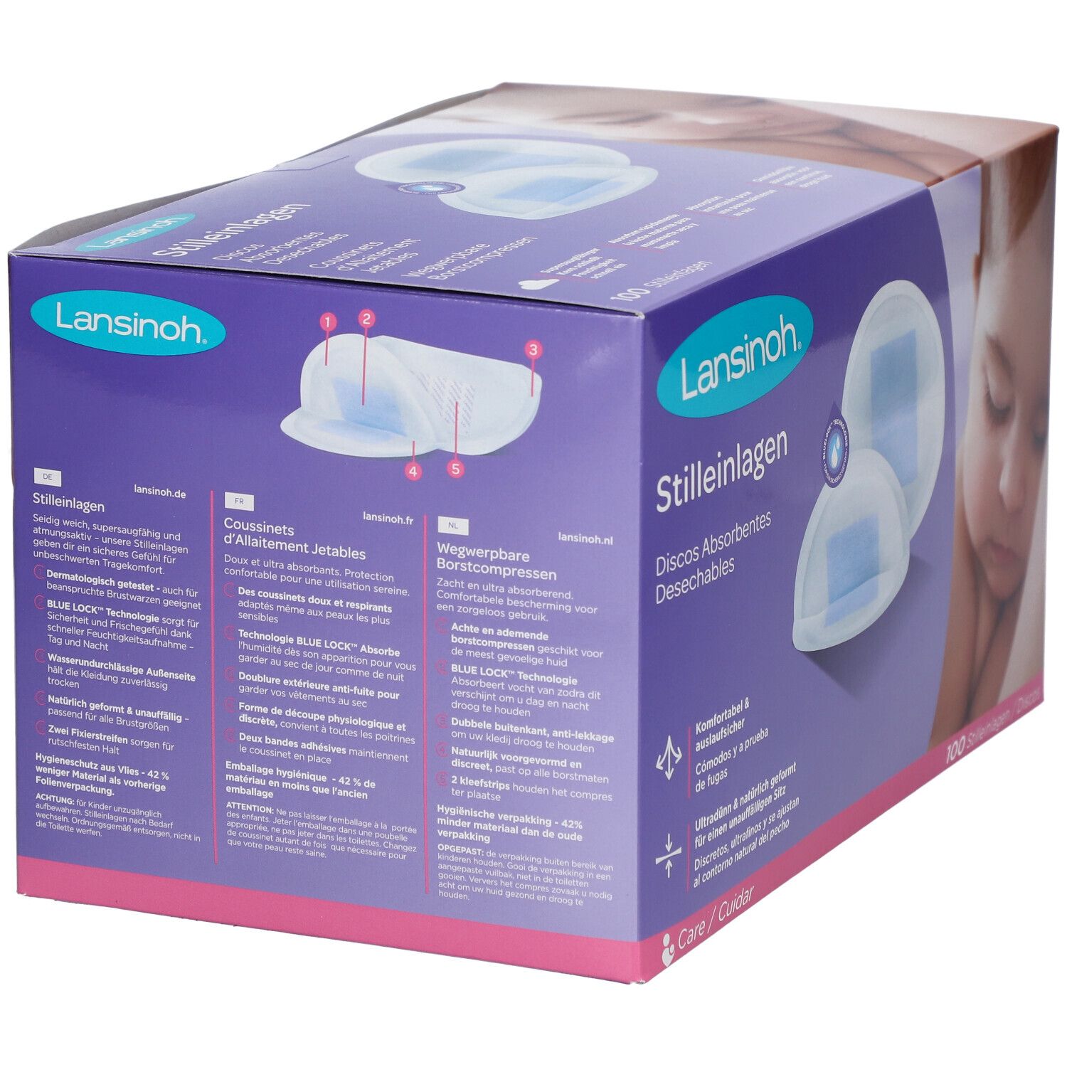 Rückseite der Verpackung mit LANSINOH® Stilleinlagen. Produktmerkmale in verschiedenen Sprachen. Abgebildet sind zwei Stilleinlagen.