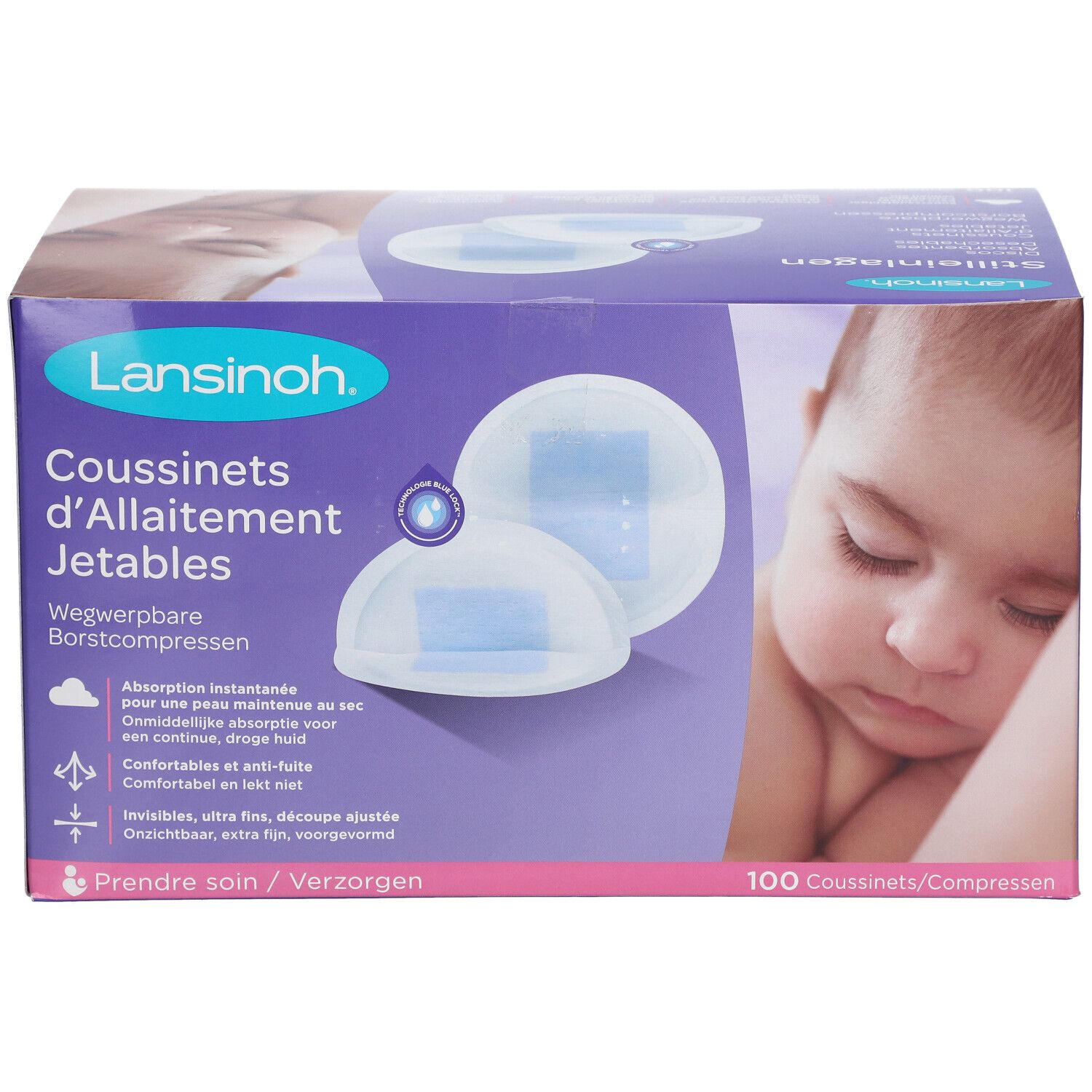 Verpackung mit LANSINOH® Einweg-Stilleinlagen. Auf der Verpackung sind zwei Stilleinlagen abgebildet, sowie ein Baby. 100 Stück.