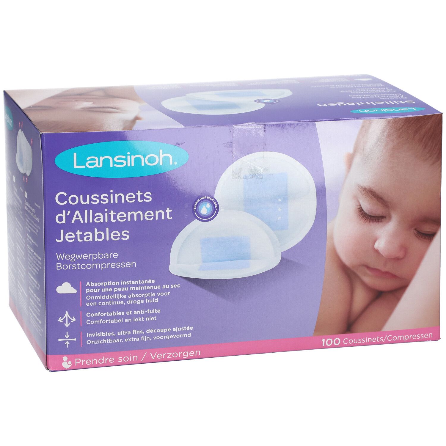 Verpackung mit LANSINOH® Einweg-Stilleinlagen. Auf der Verpackung sind zwei Stilleinlagen abgebildet, sowie ein Baby. 100 Stück.