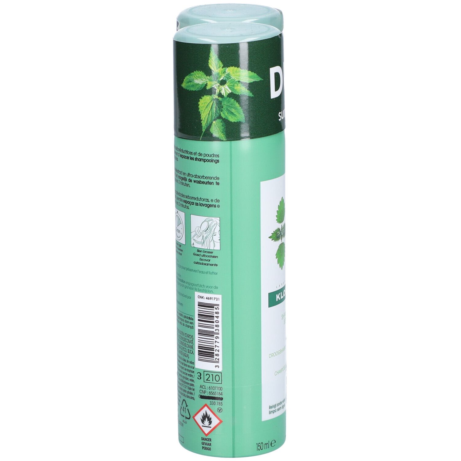 Grüne Spraydose mit Klorane-Logo und Brennnessel-Illustration. Rückseite mit Produktinformationen und Piktogrammen.