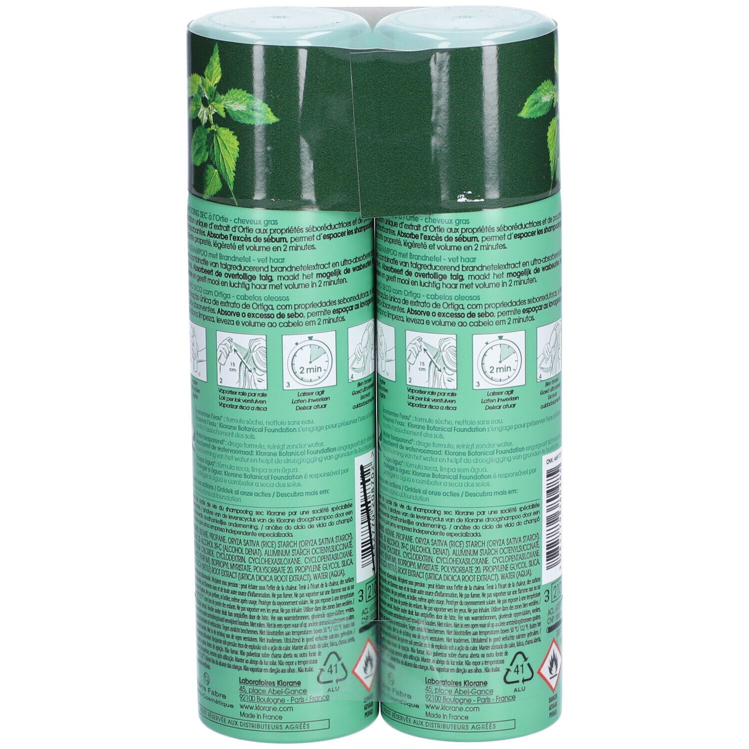 Rückansicht der DUO-Verpackung mit zwei grünen Klorane-Sprays. Produktinformationen und Anwendungsanweisungen.