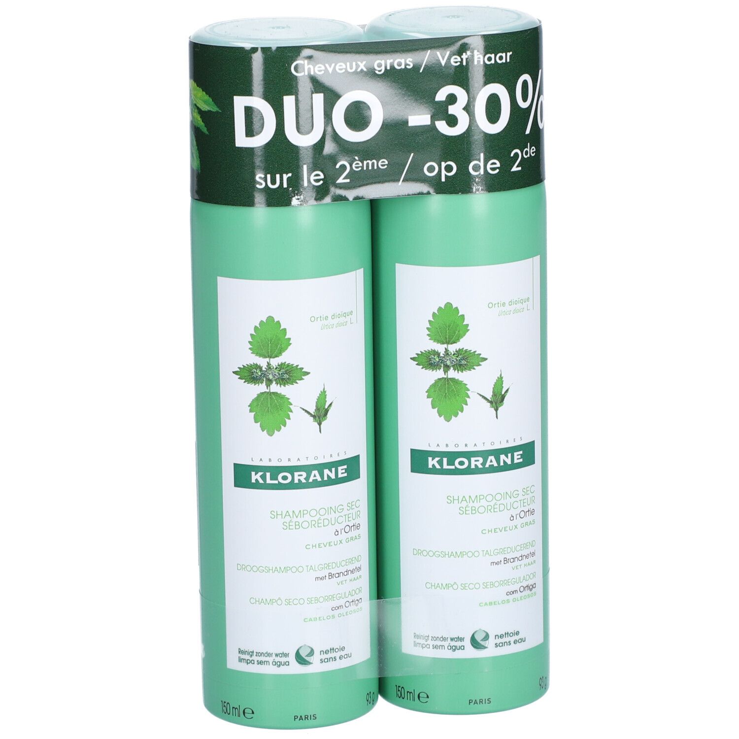 Zwei grüne Klorane-Sprays in DUO-Verpackung. Brennnessel-Illustration und Produktnamen auf den Etiketten.
