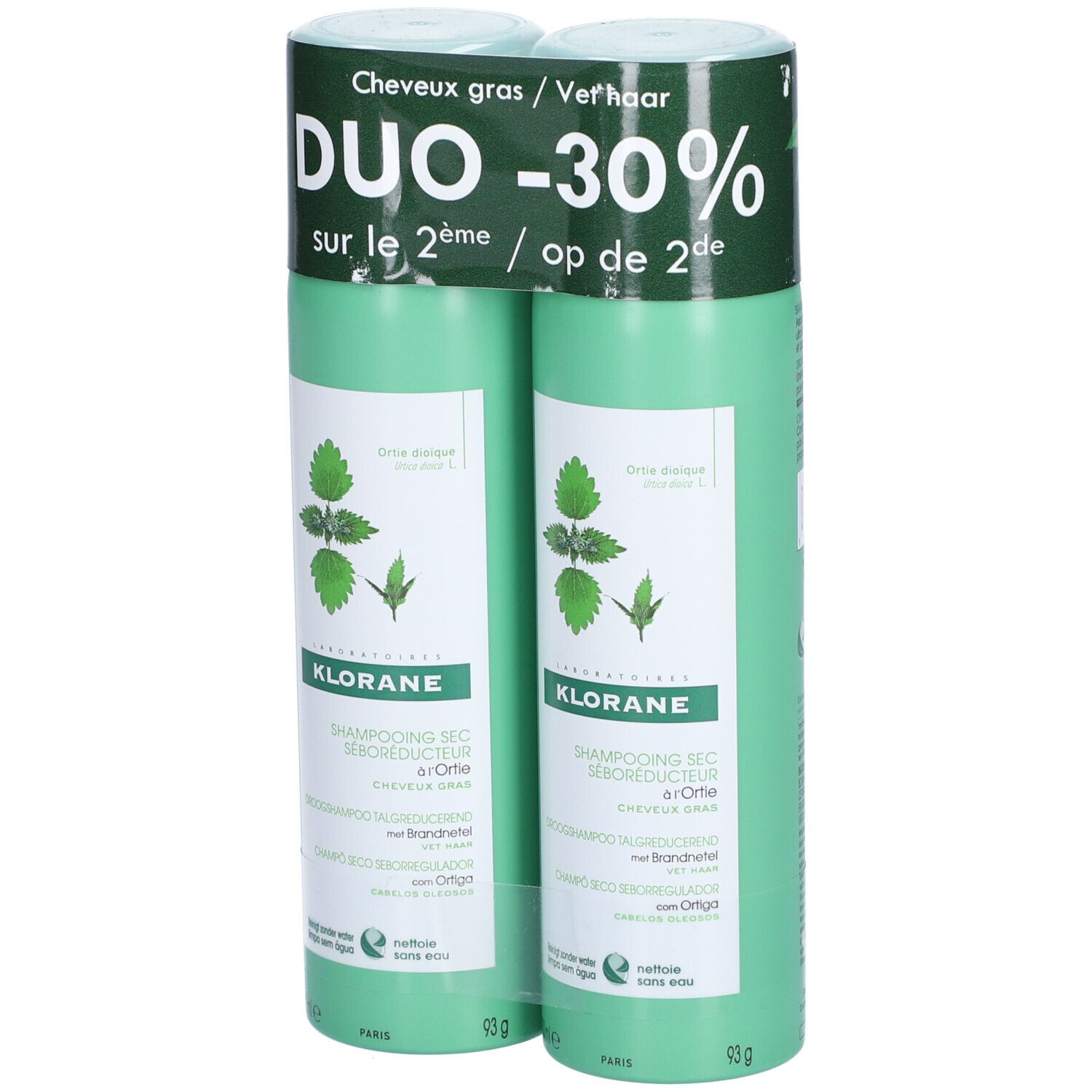 Zwei grüne Klorane-Sprays in DUO-Verpackung. Brennnessel-Illustration und Produktnamen auf den Etiketten.