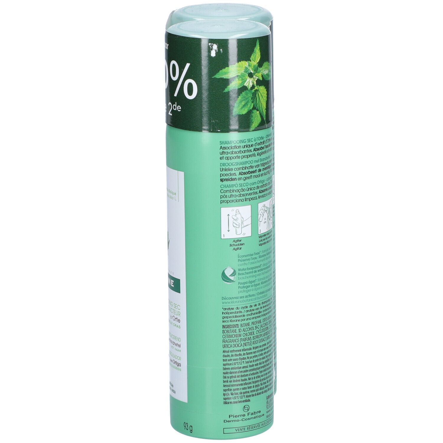 Grüne Spraydose mit Klorane-Logo und Brennnessel-Illustration. Rückseite mit Produktinformationen und Piktogrammen.