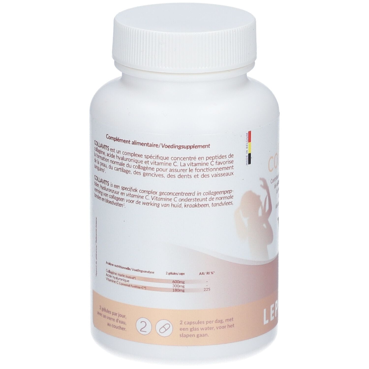 Achterkant van de witte fles. Tekst: Voedingssupplement. Bevat collageen, vitamine C, hyaluronzuur. LEPIVITS. Dosering: 2 capsules.