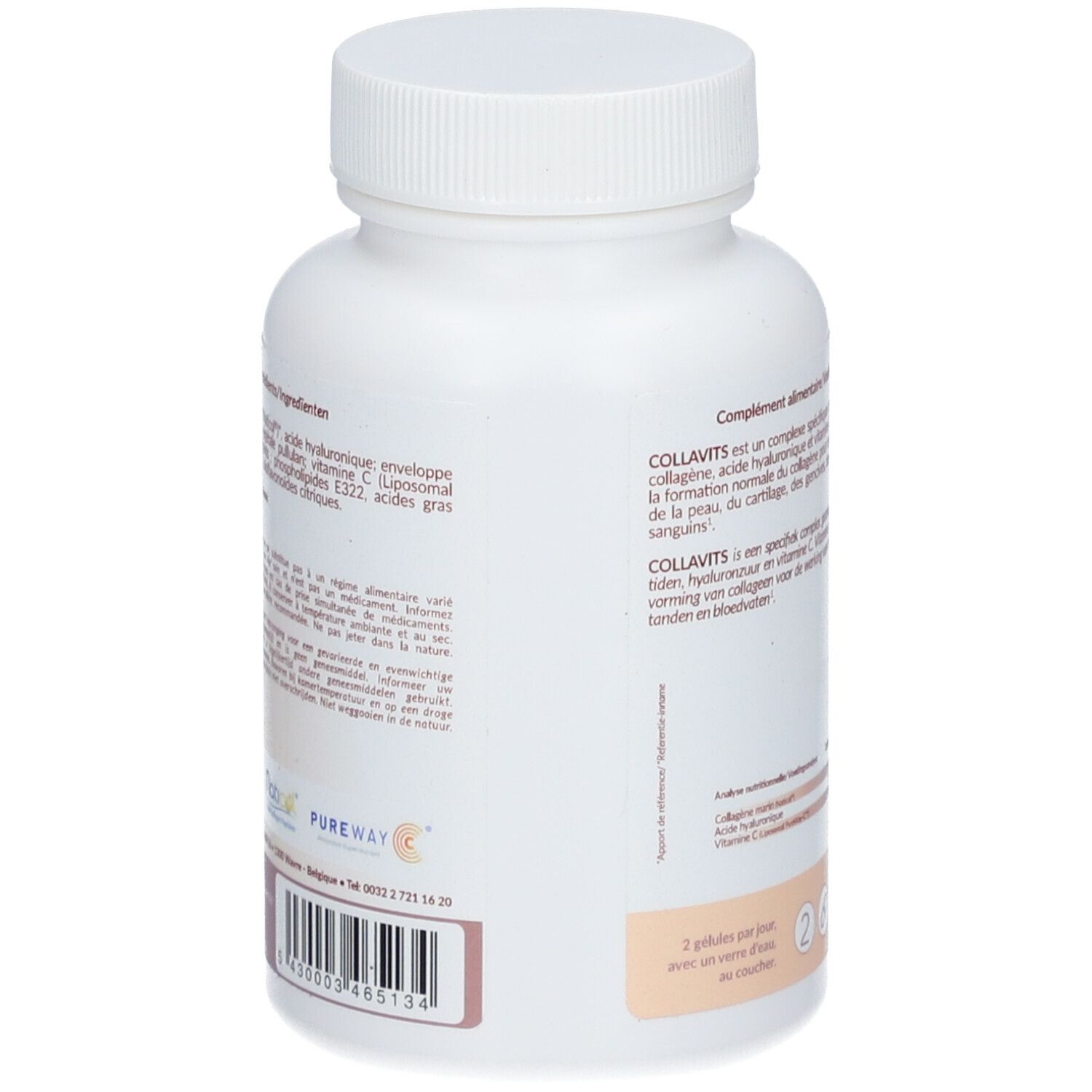 Achterkant van de witte fles. Tekst: Voedingssupplement. Bevat collageen, vitamine C, hyaluronzuur. LEPIVITS. Streepjescode.