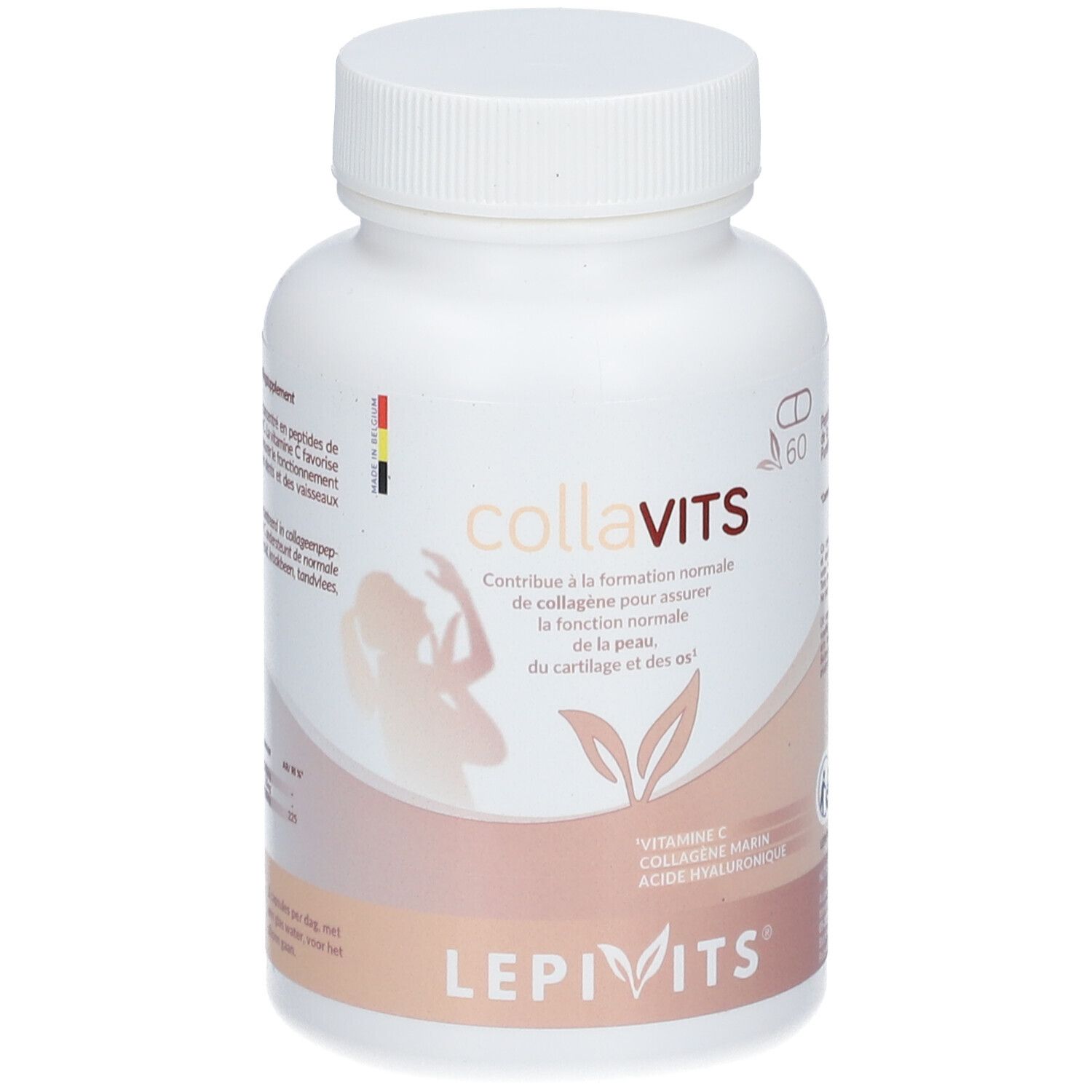 Witte fles met capsules. Opschrift: collaVITS, LEPIVITS. Bevat vitamine C, collageen, hyaluronzuur. 60 capsules.