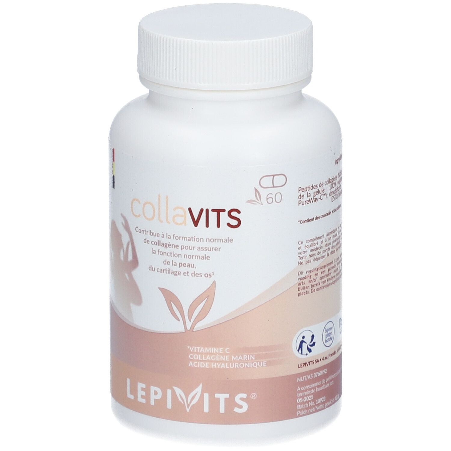 Witte fles met capsules. Opschrift: collaVITS, LEPIVITS. Bevat vitamine C, collageen, hyaluronzuur. 60 capsules.