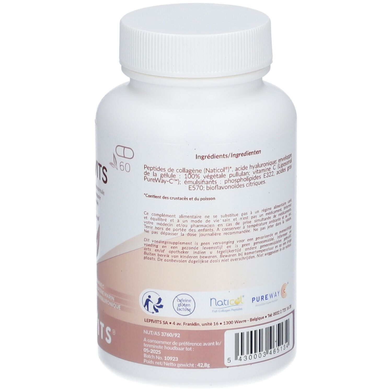 Achterkant van de witte fles. Tekst: Voedingssupplement. Bevat collageen, vitamine C, hyaluronzuur. LEPIVITS. 60 capsules.