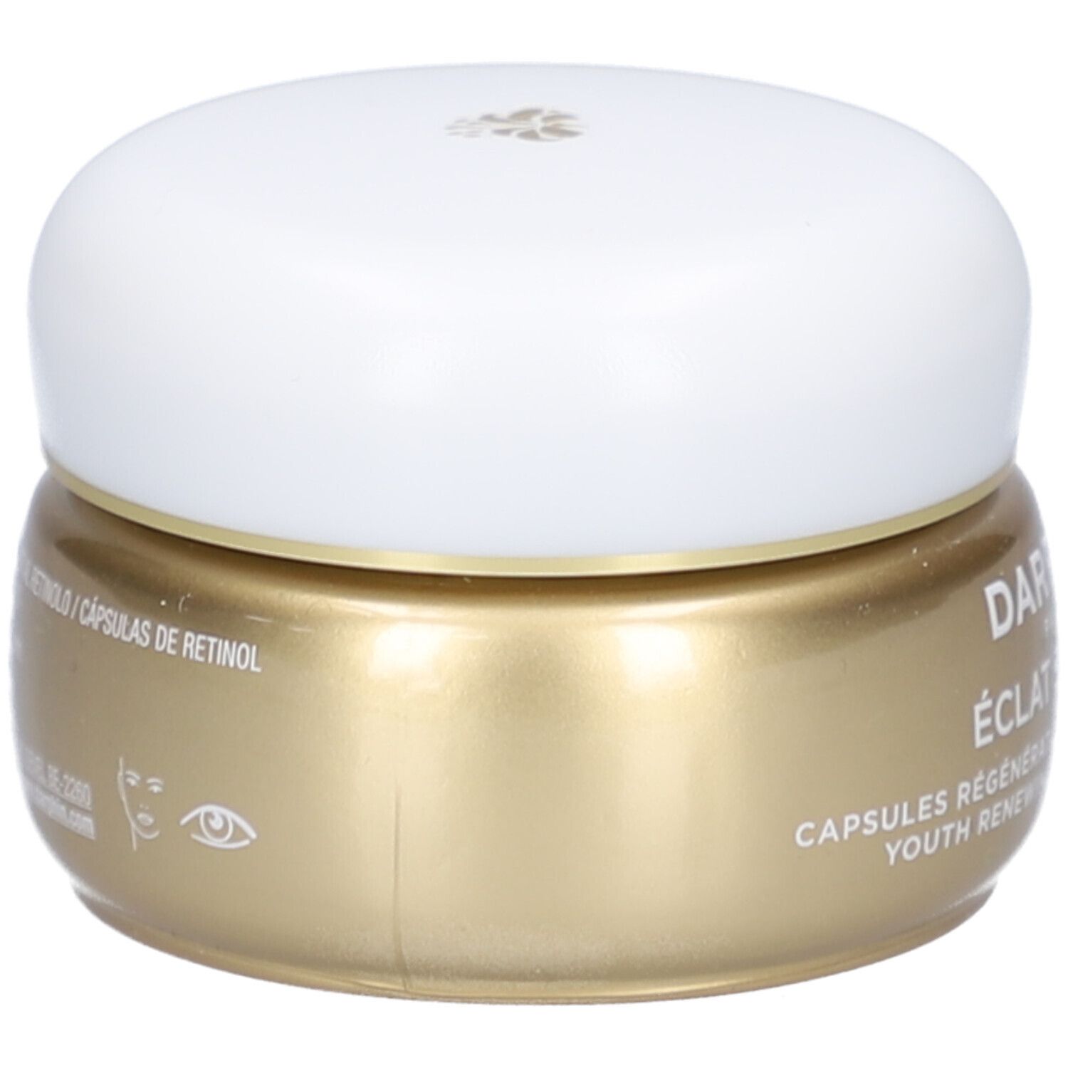 Goldfarbene Dose mit weißem Deckel. Aufschrift: Éclat Sublime, Capsules Régénérantes Jeunesse. Mit Retinol.